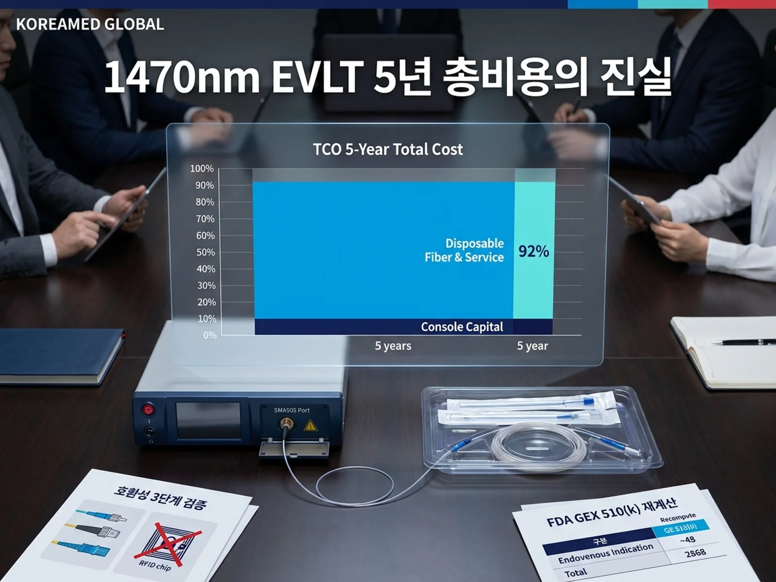 1470nm 정맥내 레이저 시스템 도입 실사: 소모품 중심 5년 TCO·콘솔-파이버 호환성 3단계(SMA905/RFID 락)·NOVACURE 파트너 공급 vs 자체 파이버 자산 경계·FDA GEX 2868건 중 정맥내 약 48건을 표현한 KoreaMED Global 썸네일