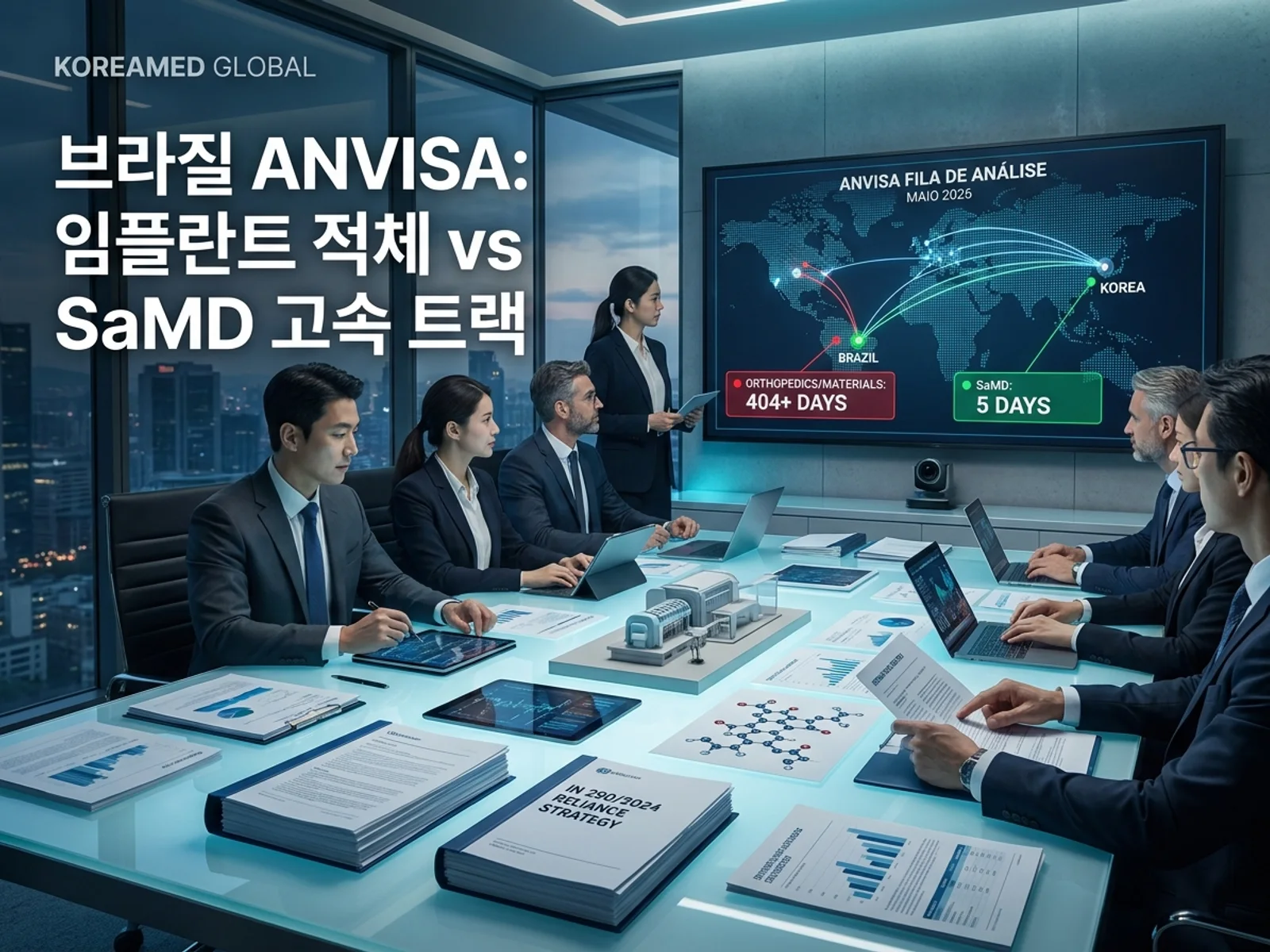 브라질 ANVISA 의료기기 심사 대기열의 품목군별 소요 시간과 소프트웨어 의료기기 고속 심사 트랙을 시각화한 KoreaMED Global 썸네일