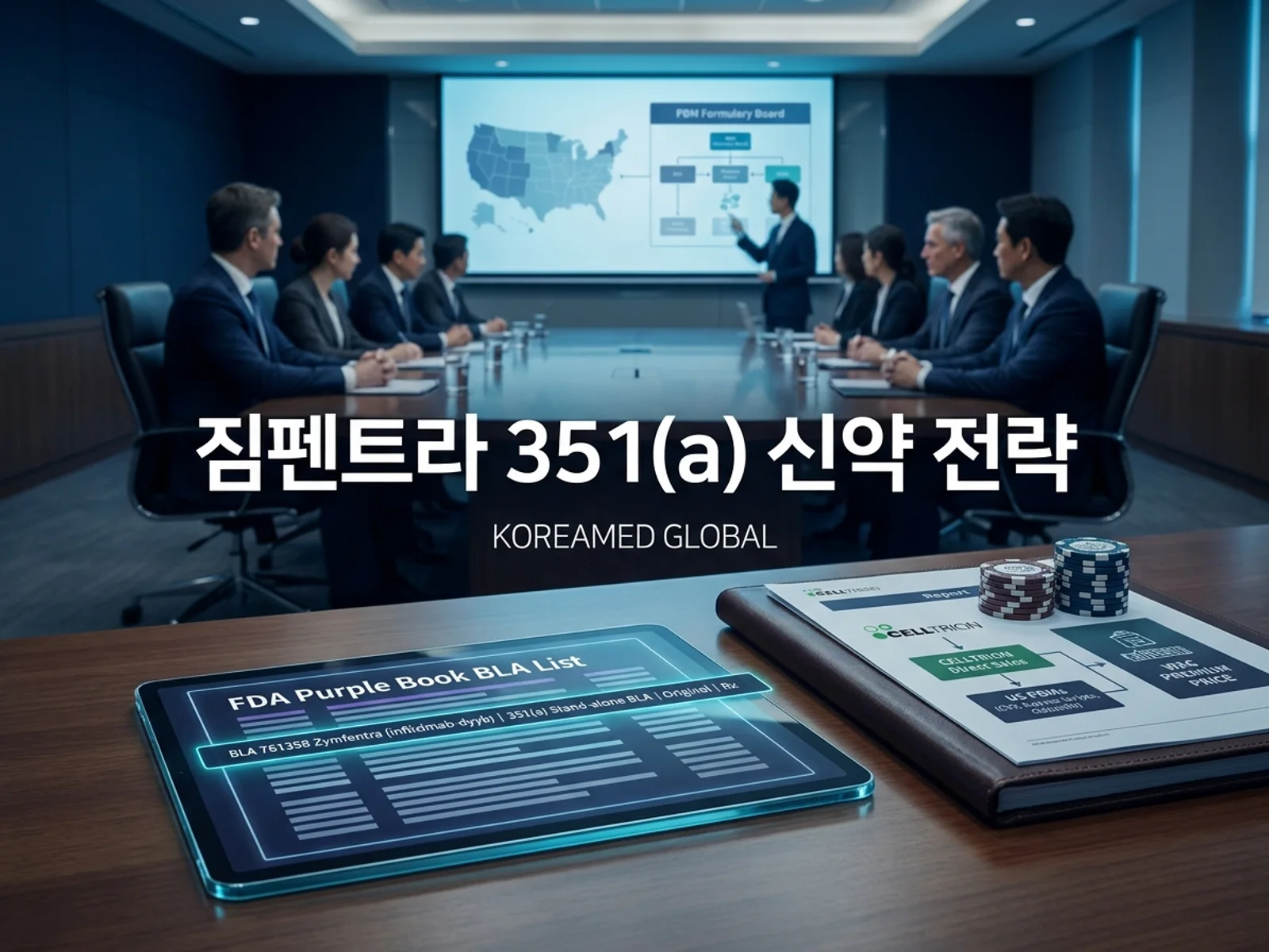 셀트리온의 미국 Purple Book 및 유럽 EPAR 의약품 포트폴리오와 짐펜트라 신약 론칭 및 직판 영업 전략을 분석한 KoreaMED Global 썸네일