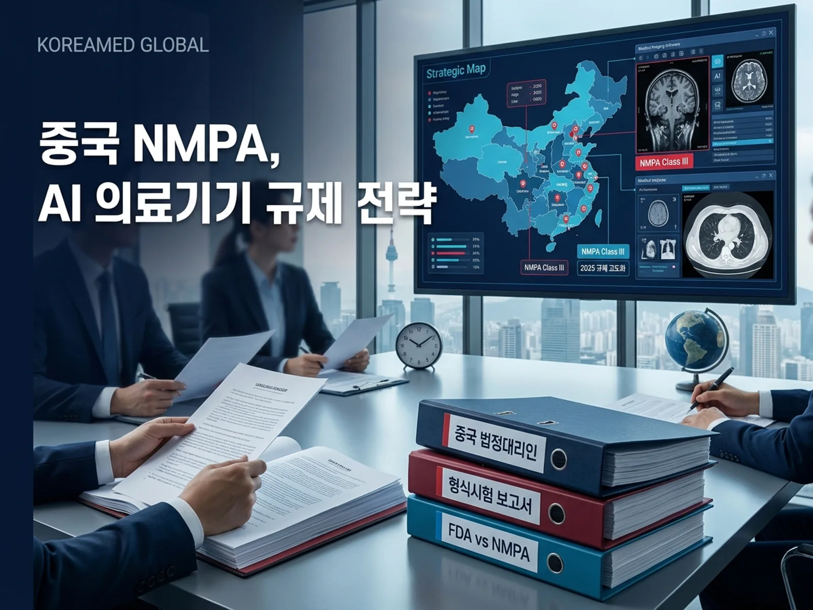 한국 AI 의료기기가 FDA 다음으로 설계해야 할 두 번째 시장인 중국 NMPA의 AI 분류(Class I/II/III)·형식시험·법정대리인 등록 체계를 정리한 KoreaMED Global 썸네일