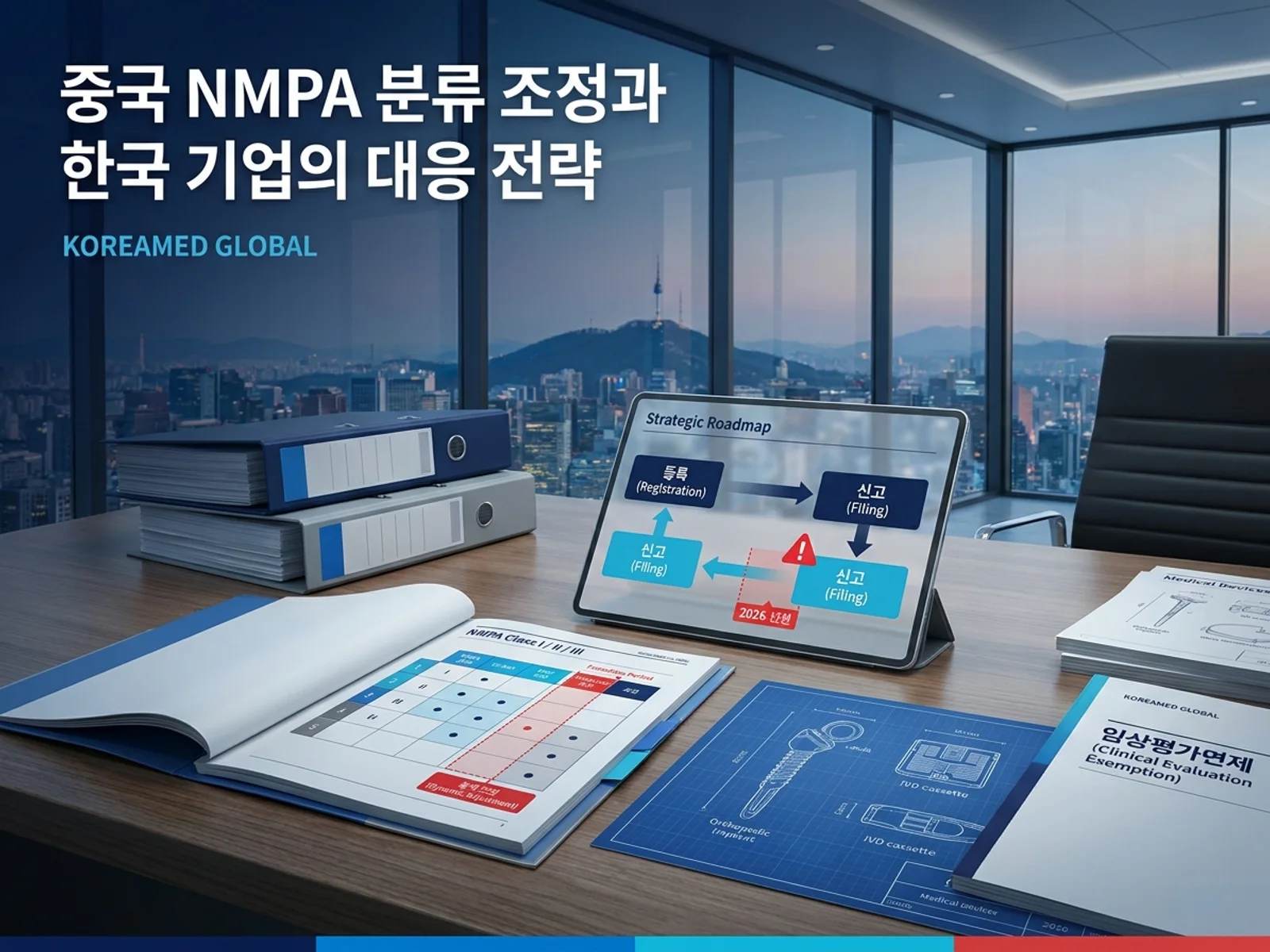 중국 NMPA 의료기기 분류 조정 공고 52·53호 시행과 등록·신고 전환, 전환기(Transition Period) 관리를 표현한 KoreaMED Global 썸네일