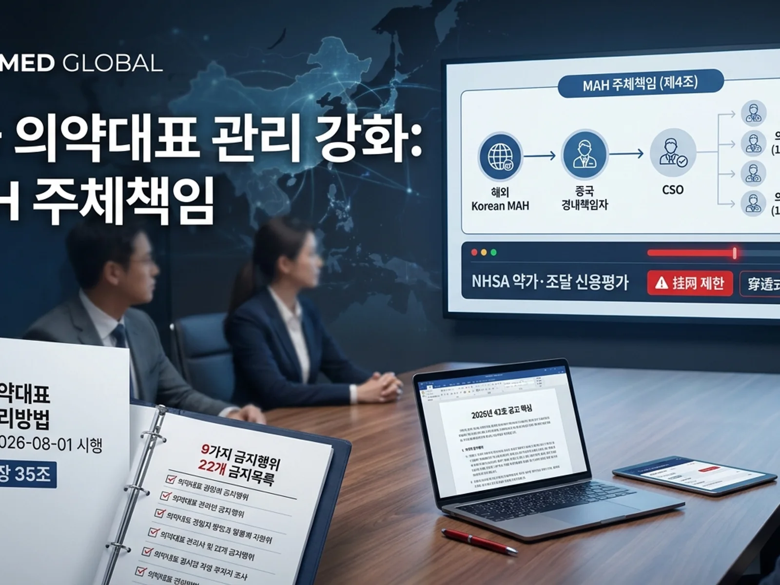 중국 NMPA 2026년42호 의약대표 관리방법(8월1일 시행) MAH 주체책임·CSO 연대·9가지 금지행위·약가조달 挂网 제재를 표현한 KoreaMED Global 썸네일