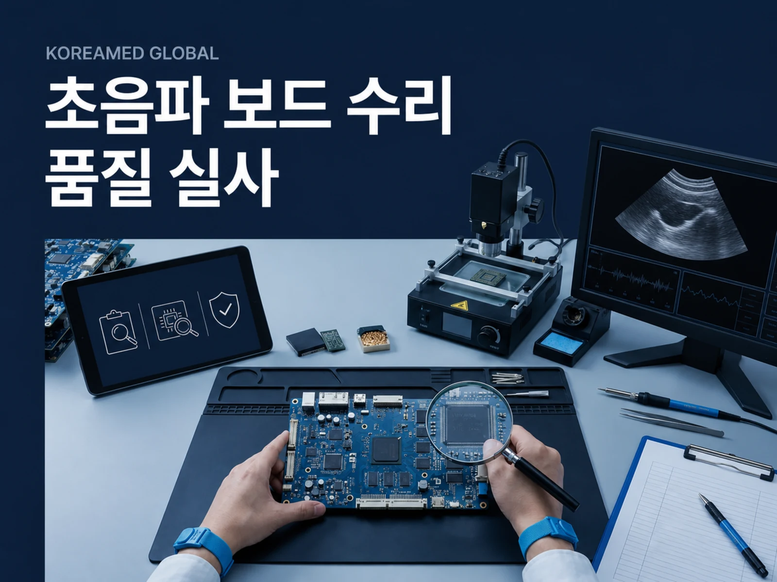 초음파 보드 레벨 수리업체의 부품 추적성·ESD/IPC 리워크 통제·실시스템 QA·반복고장 및 보증 스코어카드를 표현한 KoreaMED Global 썸네일