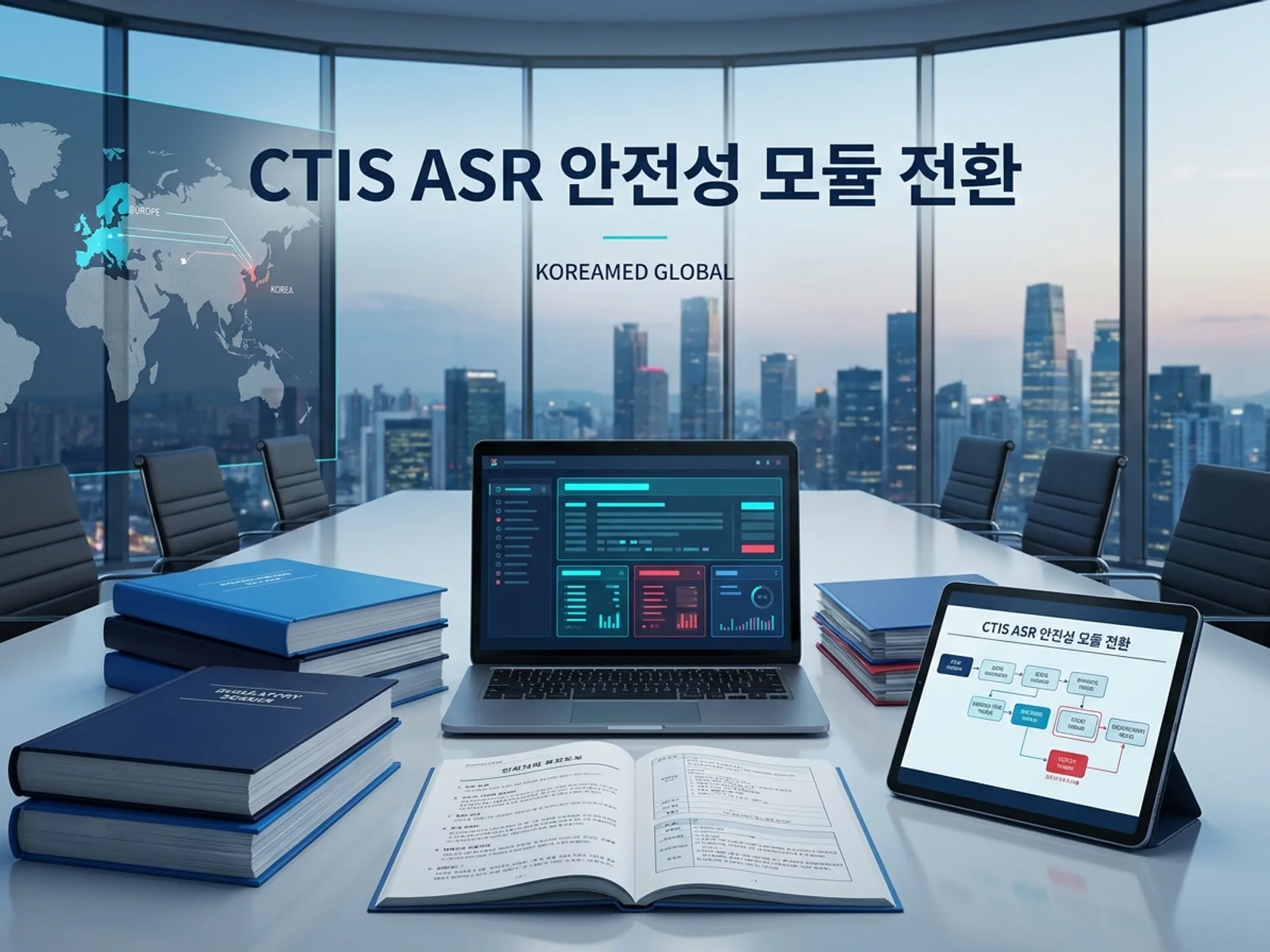 CTIS 연례안전보고서 신 Safety Module 전환, Safety 탭과 구 Annual Safety Report 탭, 9월 28일·11월 28일 시계를 표현한 KoreaMED Global 썸네일