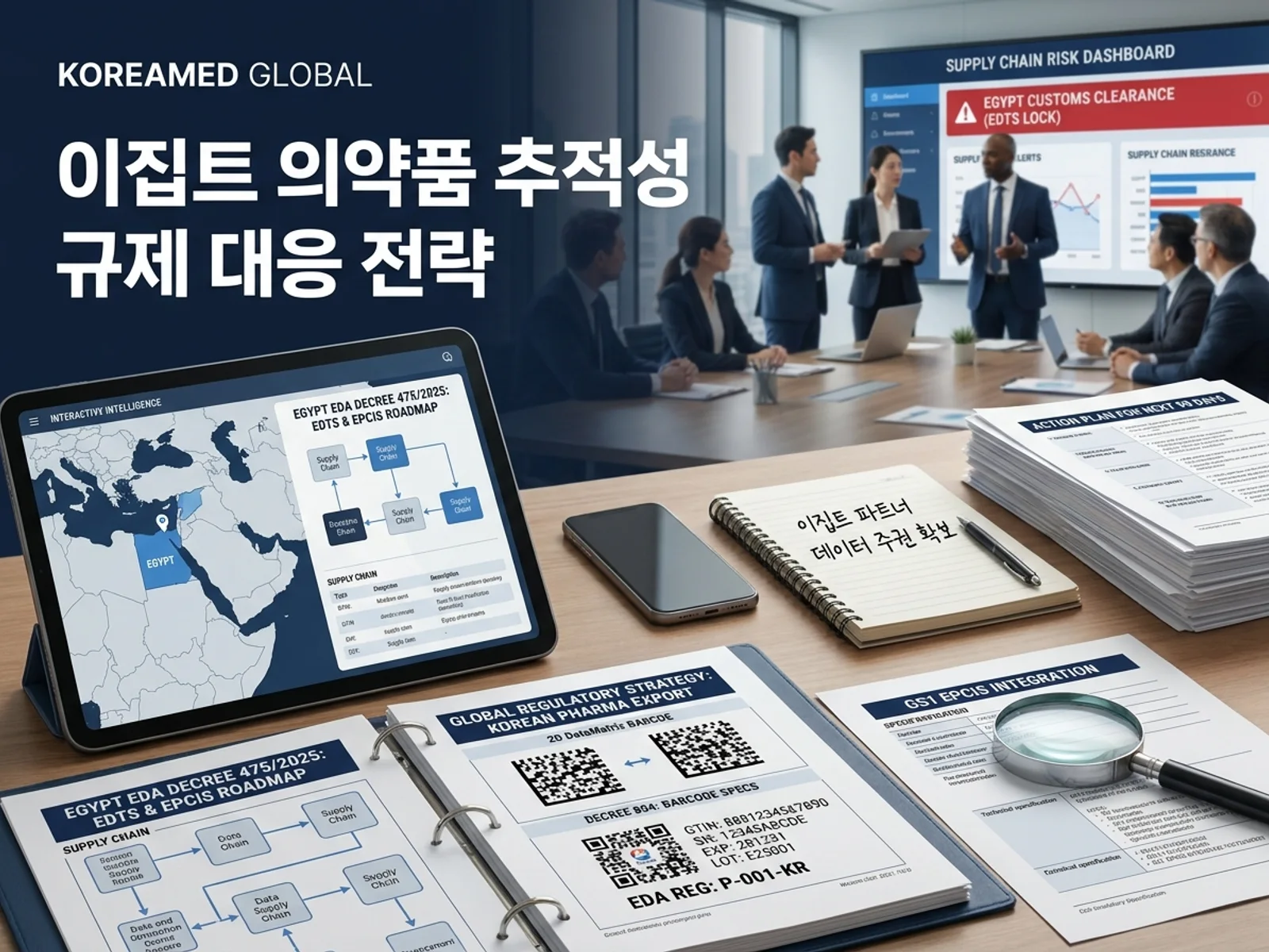 이집트 EDA EDTS 의약품 시리얼라이제이션 규제 — GS1 2D 데이터매트릭스와 통관 추적성을 나타낸 KoreaMED Global 썸네일