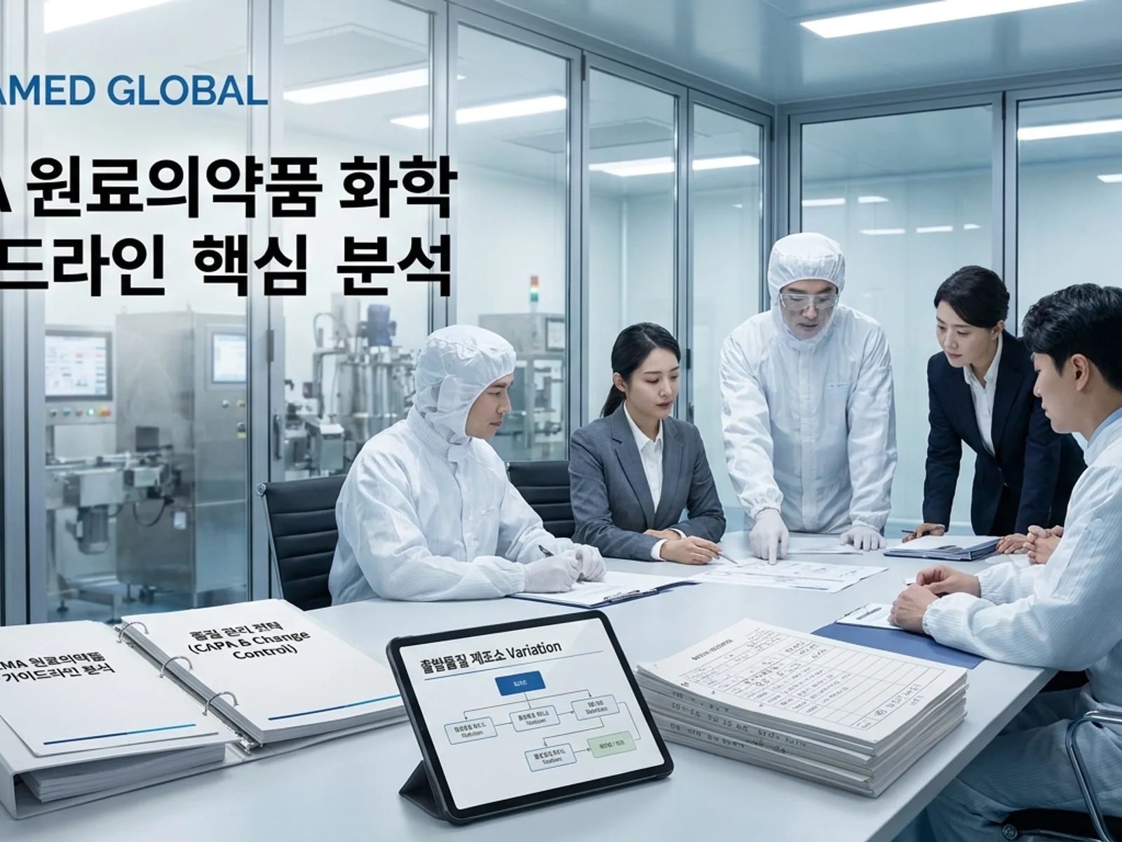 EMA 원료의약품 화학 가이드라인(2026년 9월 1일 시행)의 출발물질 지정·제조소 variation과 3.2.S 도셔 검토를 표현한 KoreaMED Global 썸네일