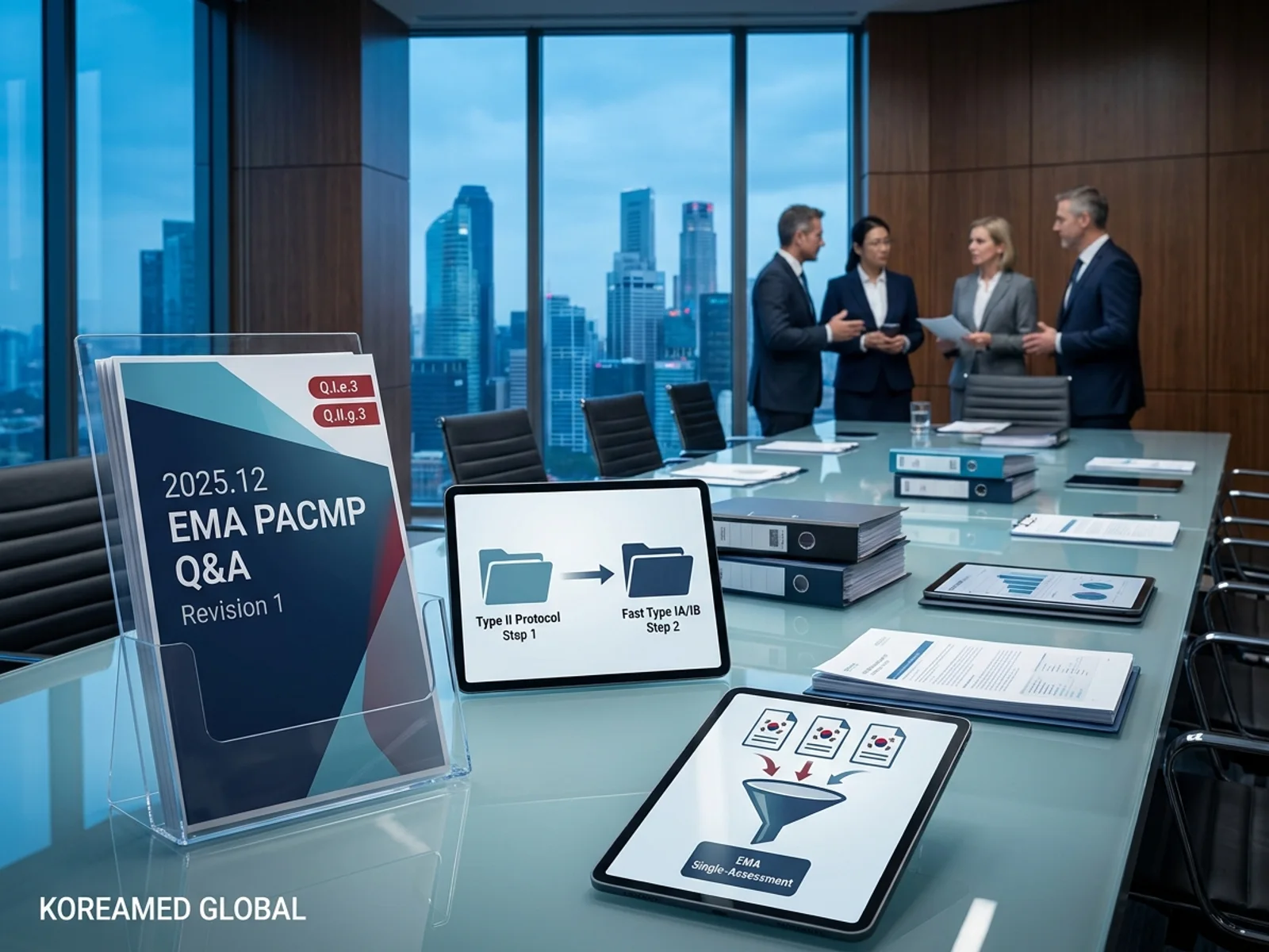 EMA PACMP 2단계 절차와 worksharing 단일 심사, 2025년 12월 개정 변동 코드(Q.I.e.3·Q.II.g.3)를 표현한 KoreaMED Global 썸네일