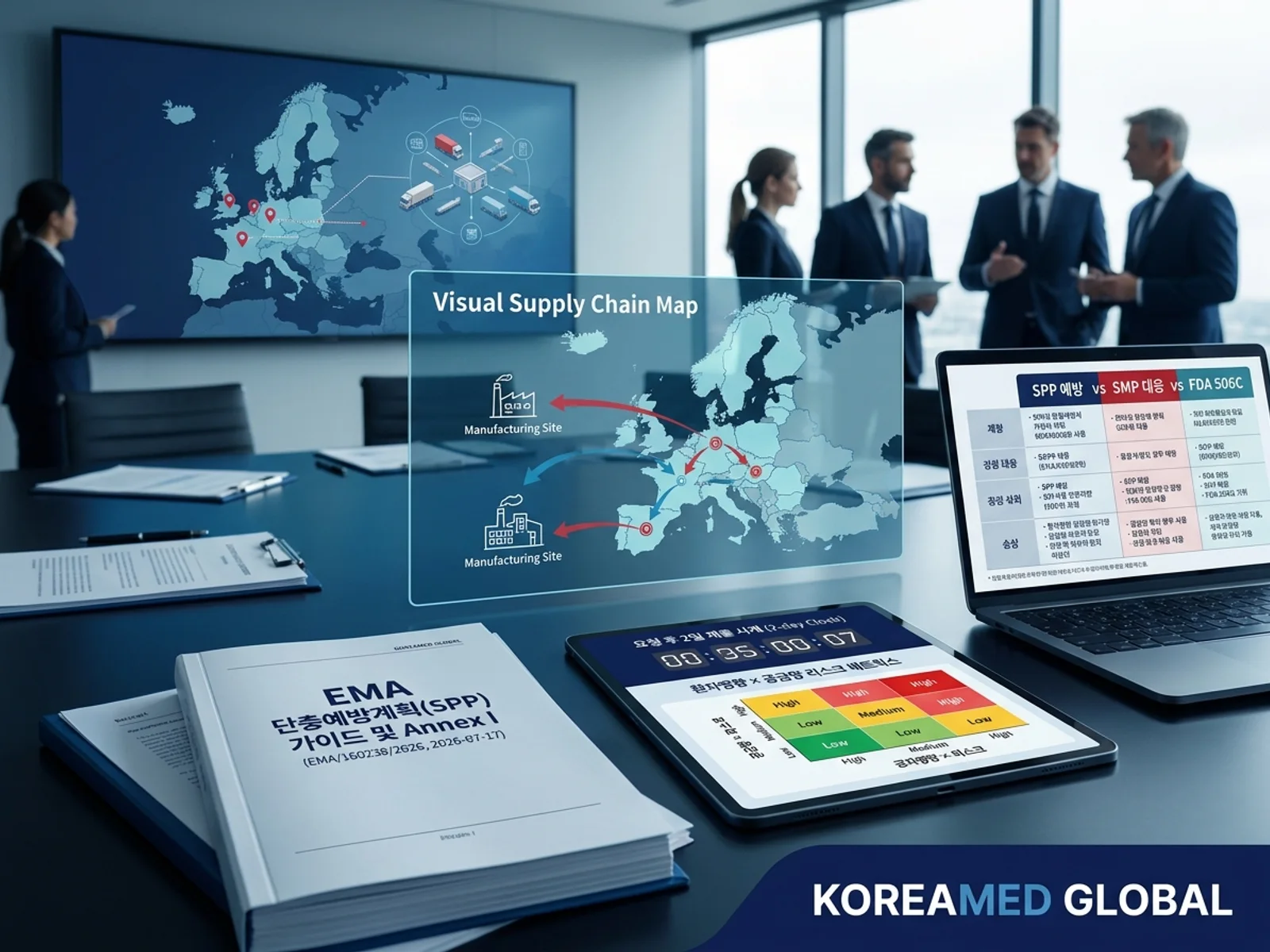 EMA 단충예방계획(SPP) 가이드(EMA/160238/2026)의 요청 시 2일 제출 시계, 환자영향×공급망 리스크 매트릭스, 전 품목 시각 맵 및 한국 MAH·CDMO 데이터 요청을 표현한 KoreaMED Global 썸네일