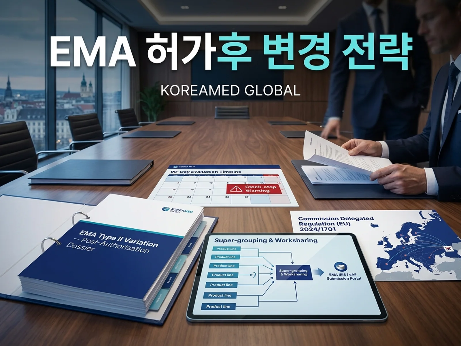 EMA 허가 후 주요 변경 신청(Type II Variation) 절차와 2026년 개정 가이드라인의 수퍼그룹핑·공동평가 제도를 표현한 KoreaMED Global 썸네일