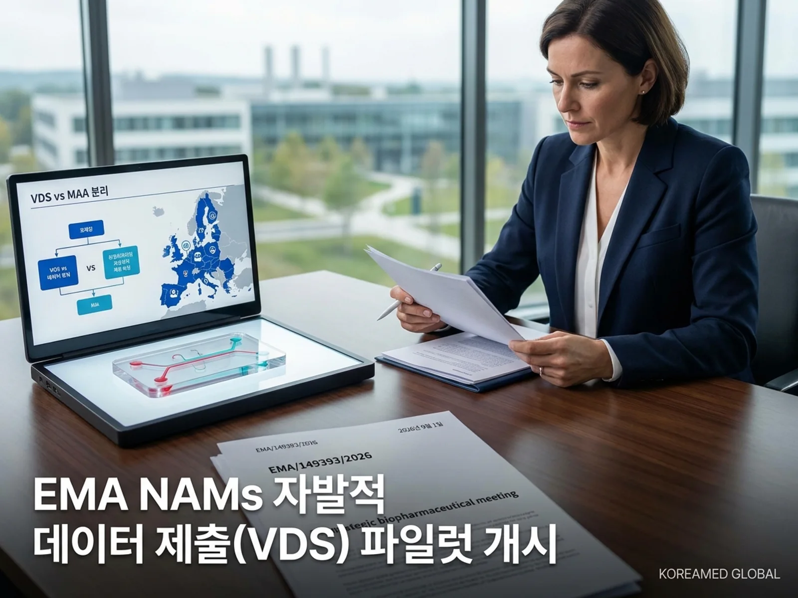 EMA NAMs 자발적 데이터 제출(VDS) 파일럿(EMA/149393/2026)의 4대 RAA 범위, MAA 분리 비구속 피드백 및 ITF·과학자문·적격화 경로 분기를 표현한 KoreaMED Global 썸네일