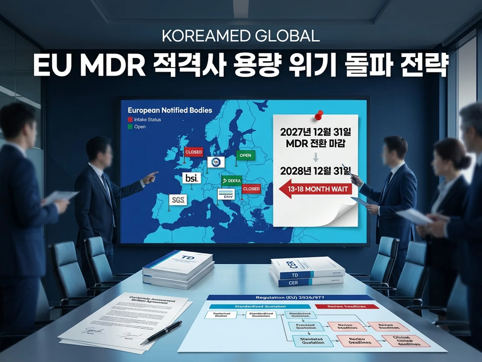 EU MDR 적격사(Notified Body) 용량 병목과 13~18개월 대기열 속 한국 의료기기의 적격사 선택·역산 전략을 표현한 KoreaMED Global 썸네일