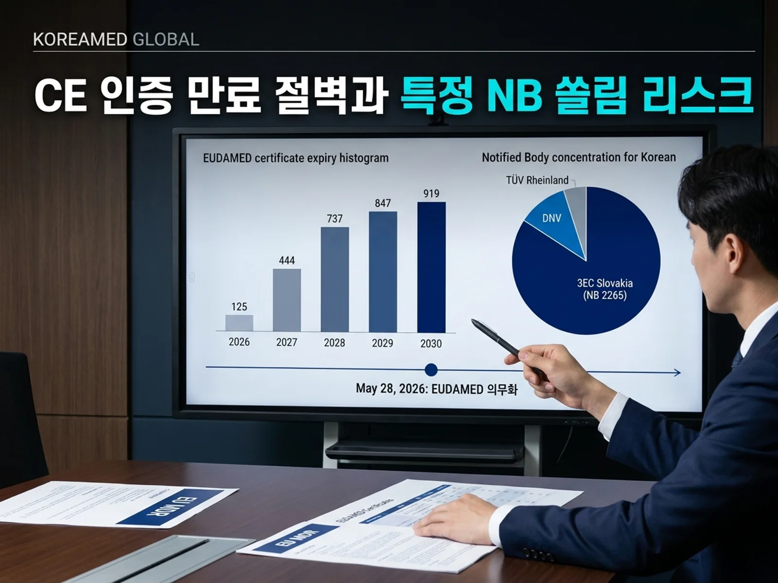 EUDAMED 인증서 만료 절벽과 한국 의료기기 제조사의 슬로바키아 3EC 등 특정 적합성평가기관 집중도 데이터를 시각화한 KoreaMED Global 썸네일