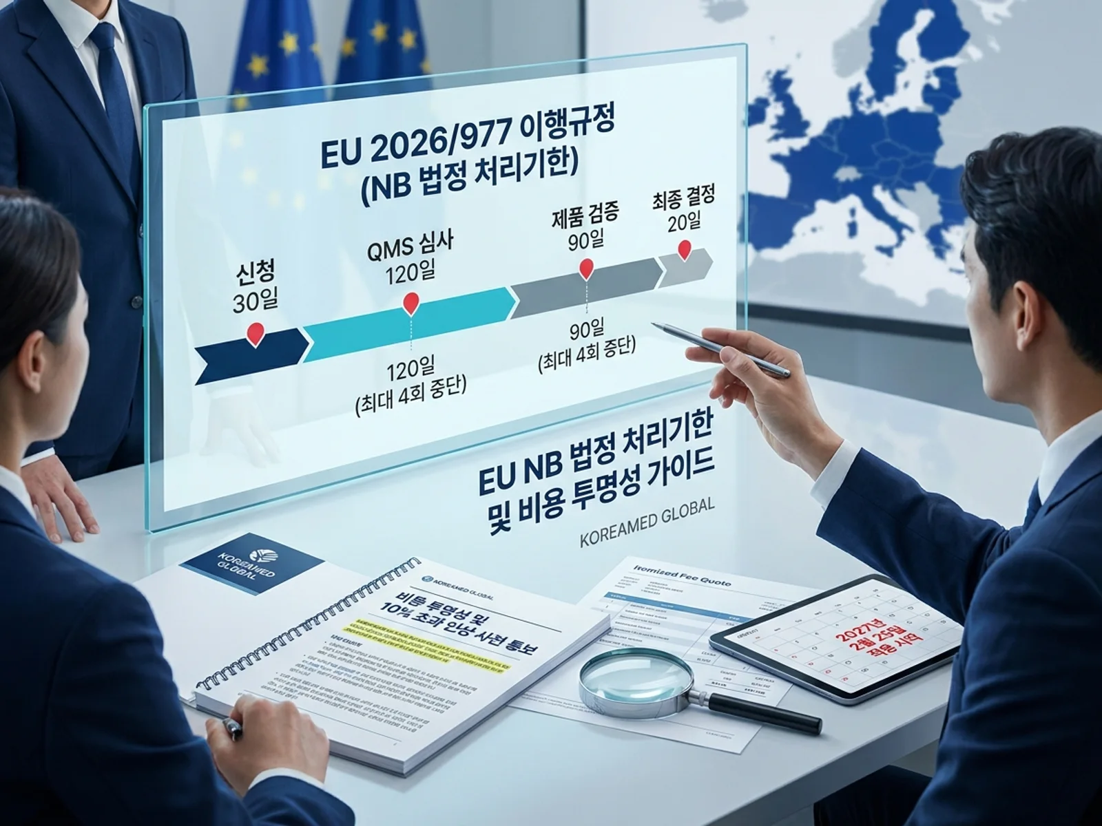 EU 2026/977 인증기관 법정 처리기한(30·120·90·20일)·클럭스탑 한도·비용 투명성과 2027년 2월 25일 적용을 표현한 KoreaMED Global 썸네일