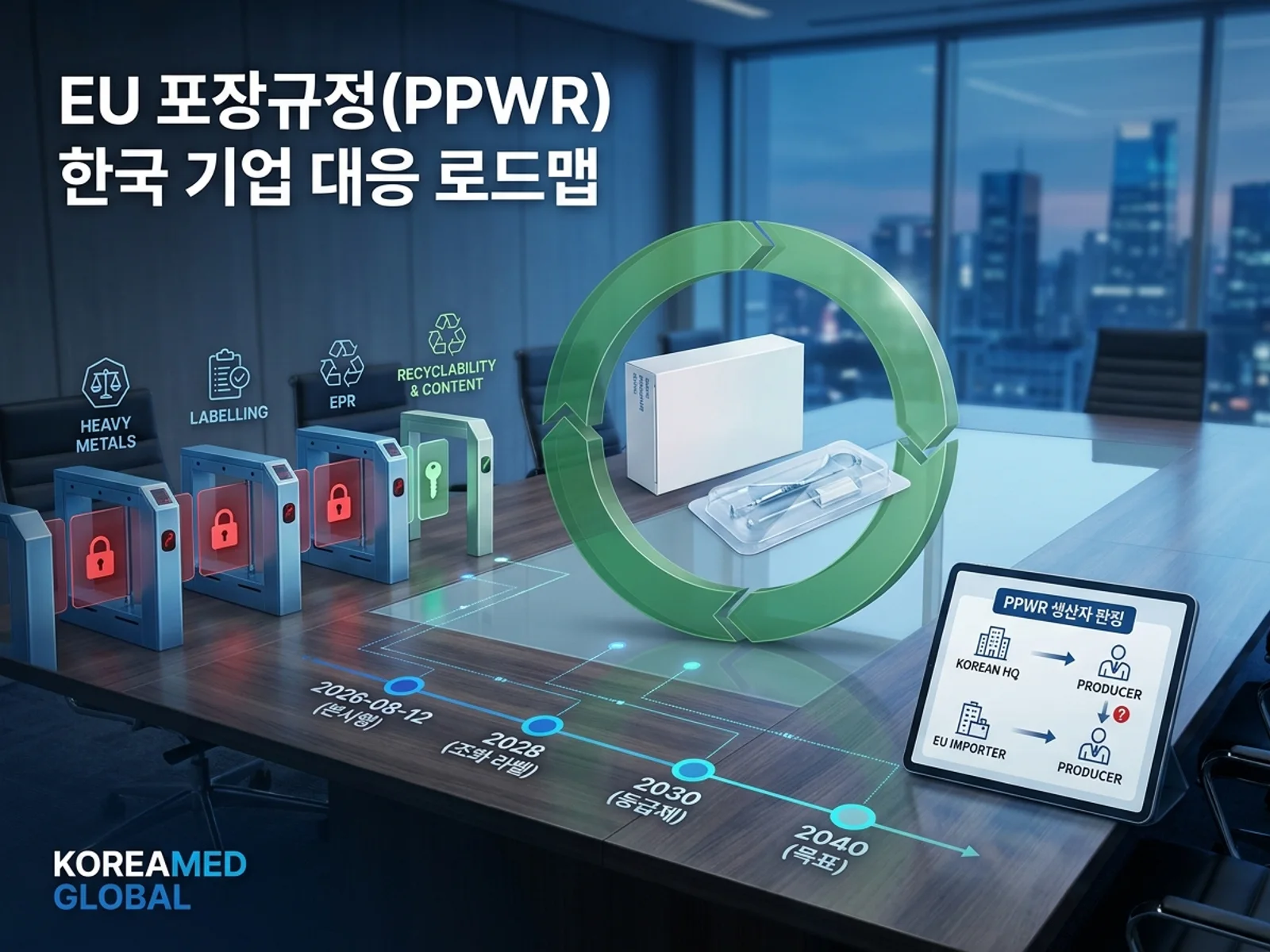 EU PPWR(2025/40) 본시행: 의약품·의료기기 포장 부분 면제 경계, 중금속·라벨·EPR 전면 적용, 2028~2040 단계 의무 타임라인을 표현한 KoreaMED Global 썸네일