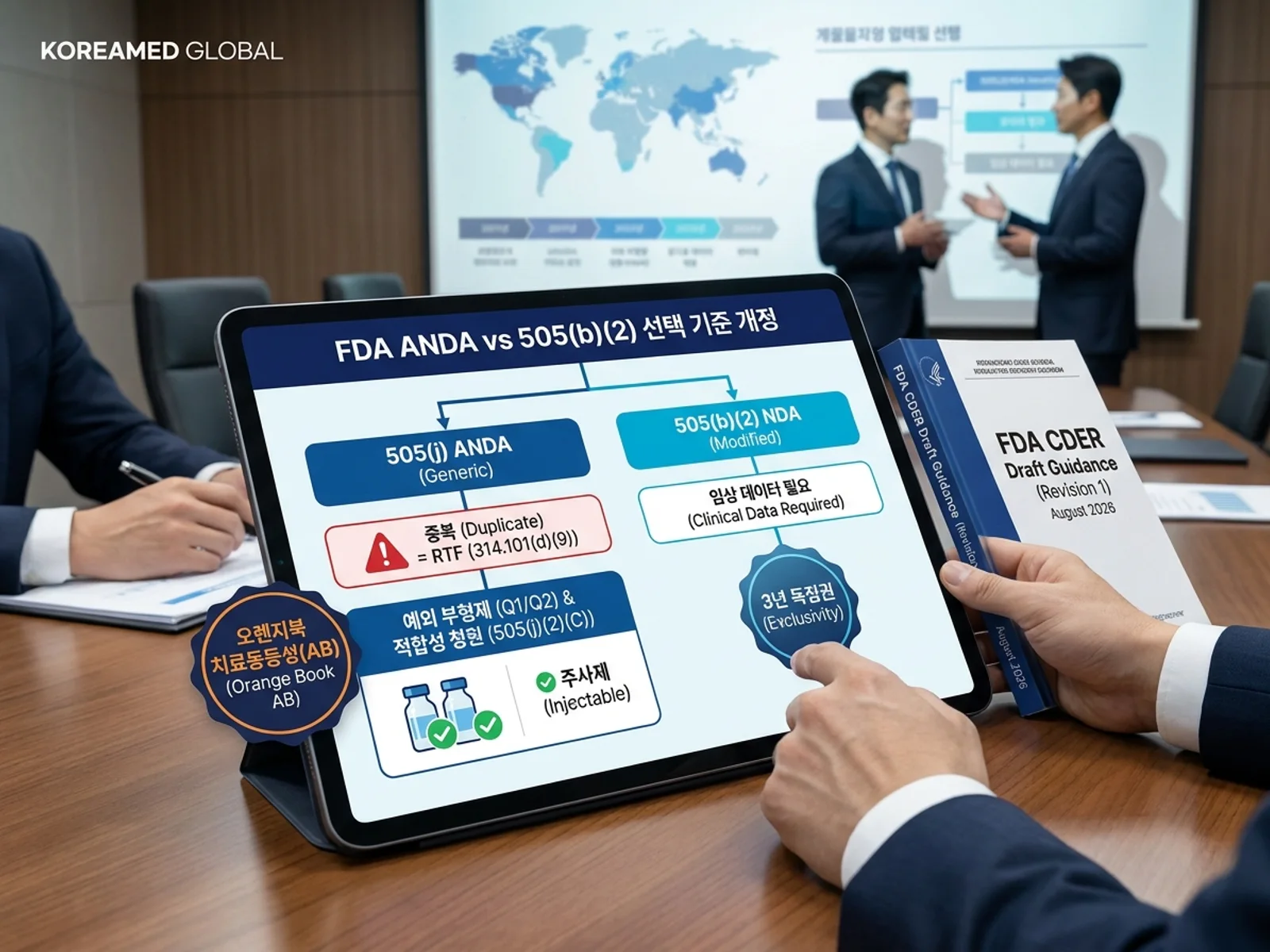 FDA ANDA vs 505(b)(2) 가이던스 개정 초안(2026-08-18): 중복 반려, 적합성 청원, 부형제 Q1/Q2 차이, 치료동등성(AB) 평가와 경로 선택 지도를 표현한 KoreaMED Global 썸네일