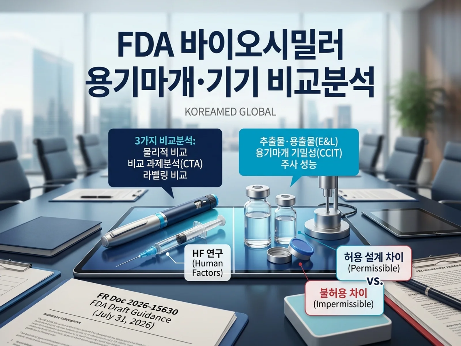 FDA 바이오시밀러 용기마개·기기구성품 초안 가이던스(FR 2026-15630, 2026-07-31): 자동주사기·PFS 3가지 비교분석(물리적·과제·라벨링)·E&L·CCIT CMC와 참조의약품 대비 설계 차이 허용범위를 표현한 KoreaMED Global 썸네일