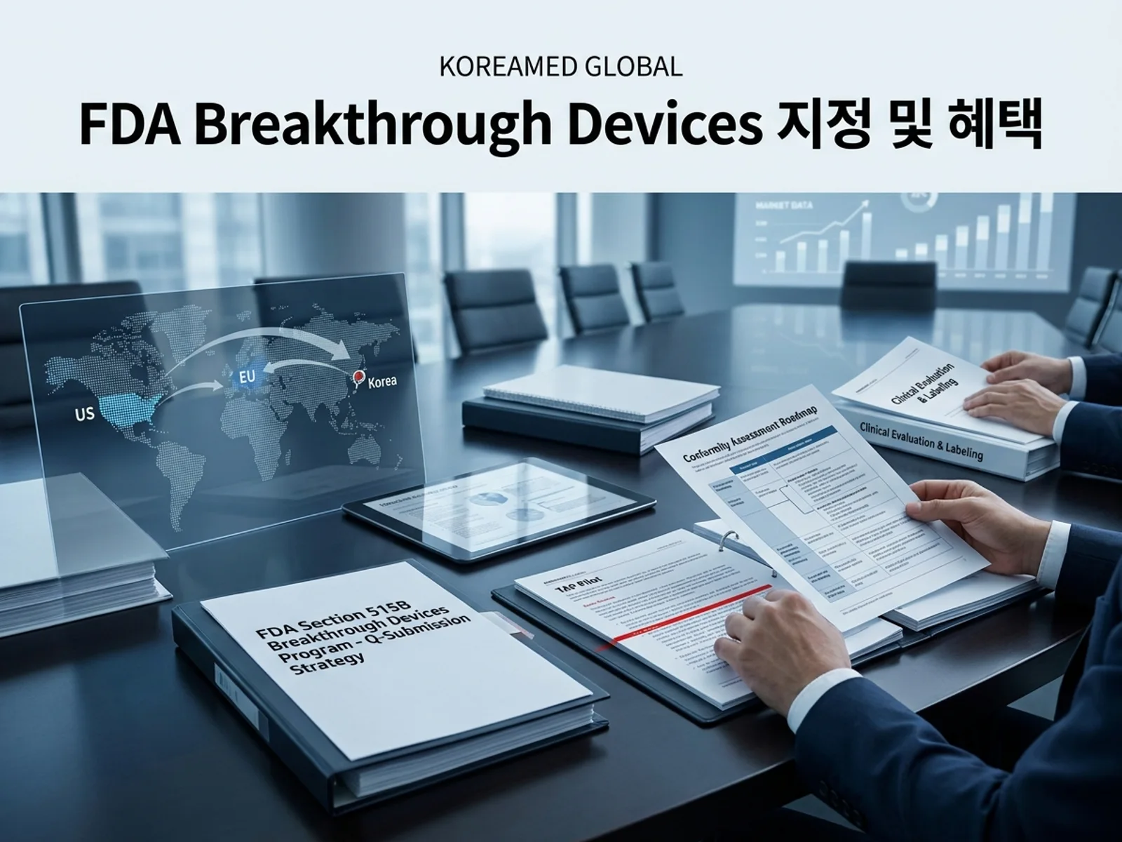 FDA Breakthrough Devices 프로그램 지정 기준과 TAP 파일럿 혜택을 표현한 KoreaMED Global 썸네일