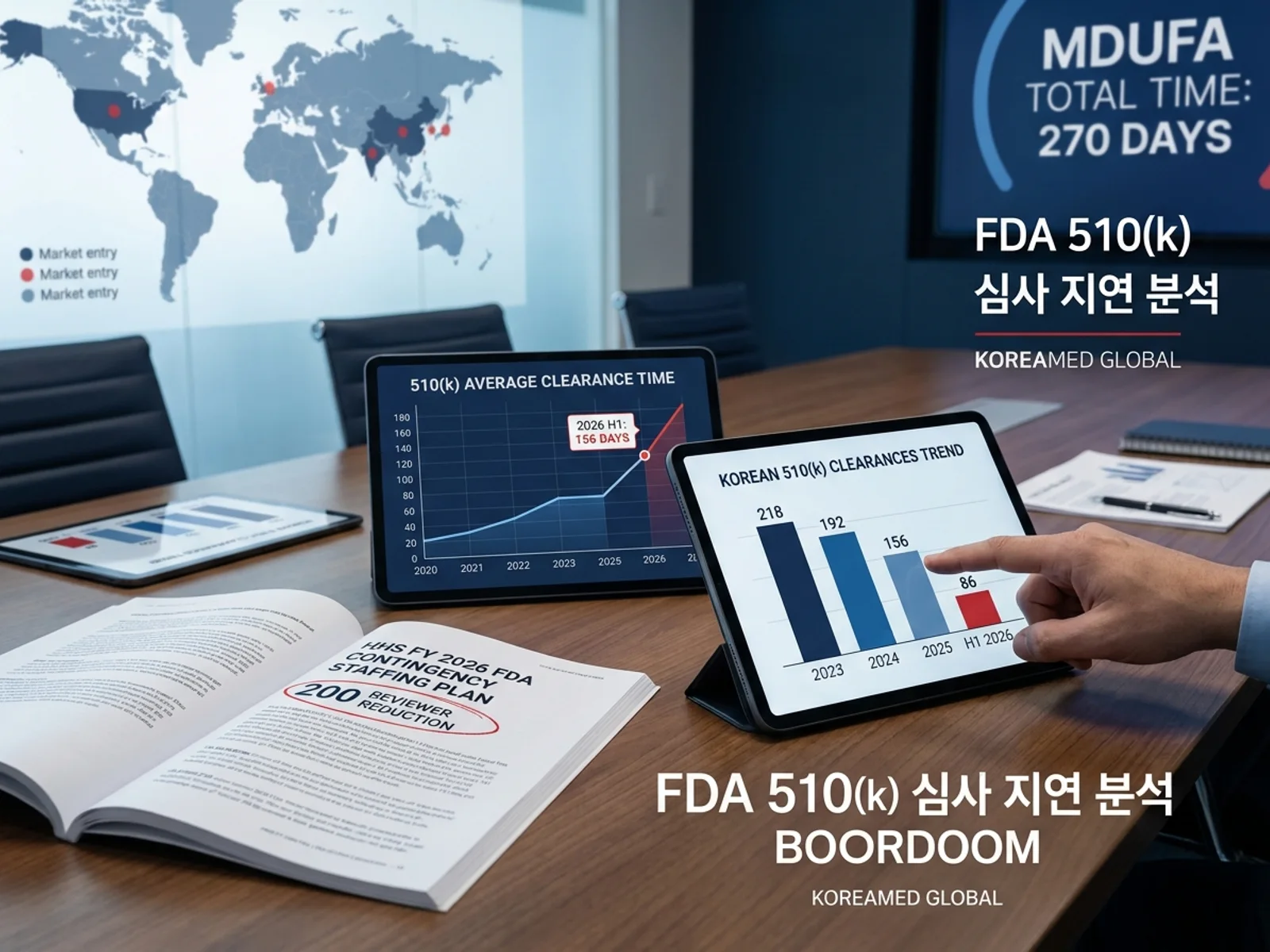 FDA CDRH 심사관 감축으로 인한 510(k) 평균 심사 일수 지연과 한국 신청자 클리어런스 감소 추세를 분석하는 KoreaMED Global 썸네일
