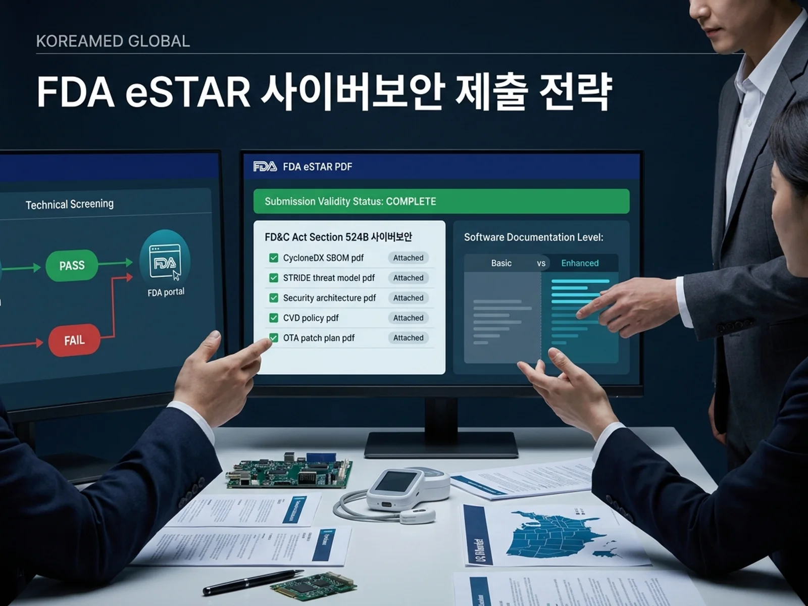 FDA eSTAR 전자제출과 Section 524B 사이버보안: CycloneDX/SPDX SBOM·STRIDE 위협모델링·CVD·패치 5대 서류·소프트웨어 문서화 등급(Basic/Enhanced)·자동 기술 스크리닝을 표현한 KoreaMED Global 썸네일