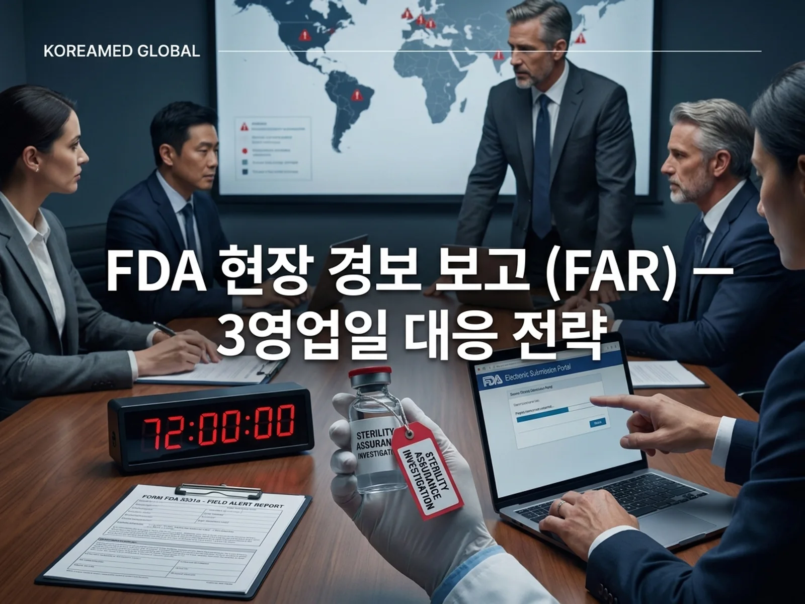 미국 시판 의약품 품질 일탈 발생 시 3영업일 이내 FDA에 보고하는 Field Alert Report 작성 및 제출 과정을 표현한 KoreaMED Global 썸네일