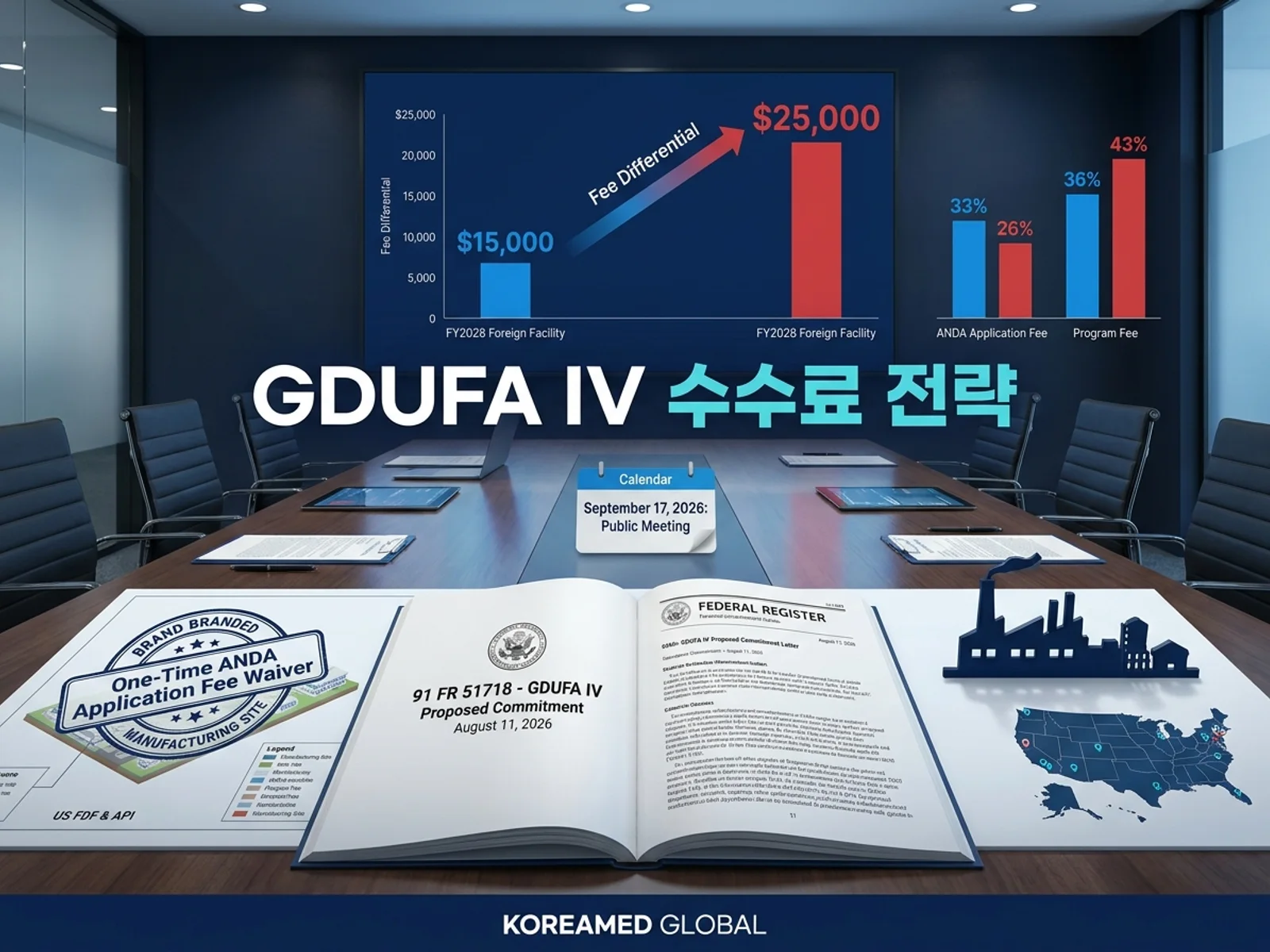미국 GDUFA IV 커밋먼트 레터의 외국 시설 수수료 차등 $25,000 인상, 신청수수료 비중 33%→26% 재편과 온쇼어링 인센티브를 표현한 KoreaMED Global 썸네일