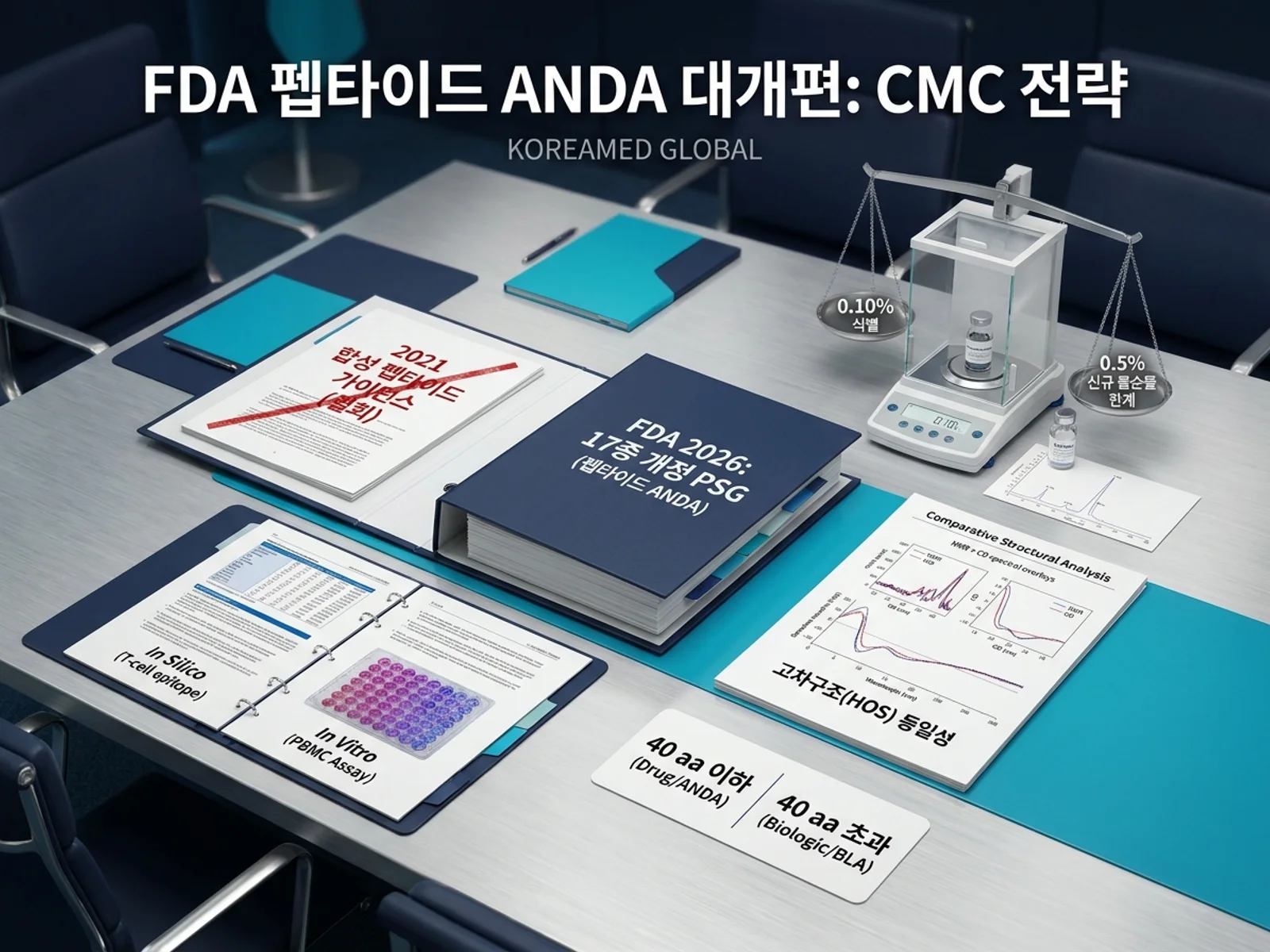 FDA 제네릭 펩타이드 ANDA 17종 개정 PSG와 2021 가이던스 폐지, 0.10%/0.5% 불순물 임계와 직교 면역원성·HOS 평가를 표현한 KoreaMED Global 썸네일