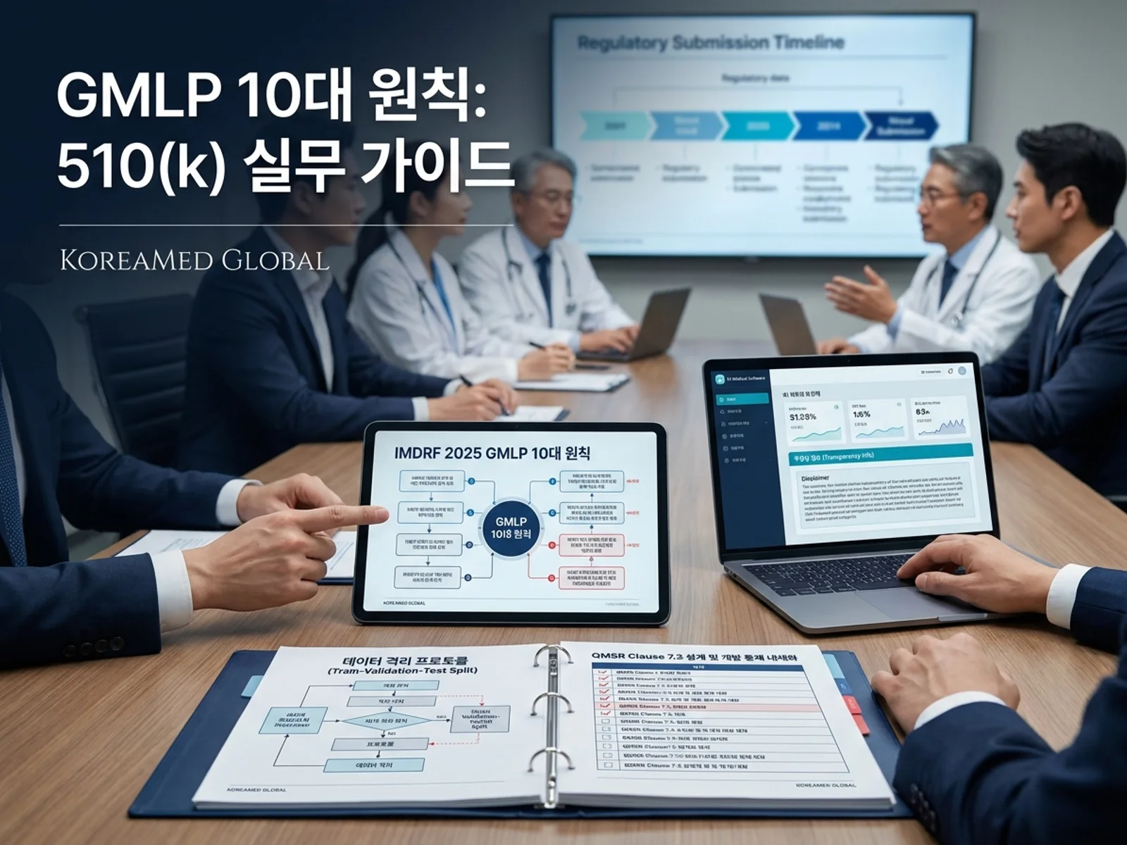 미국 FDA GMLP 머신러닝 의료기기 개발 10대 원칙과 학습-검증-시험 데이터 분리 및 QMSR 설계 통제 연계를 시각화한 KoreaMED Global 썸네일