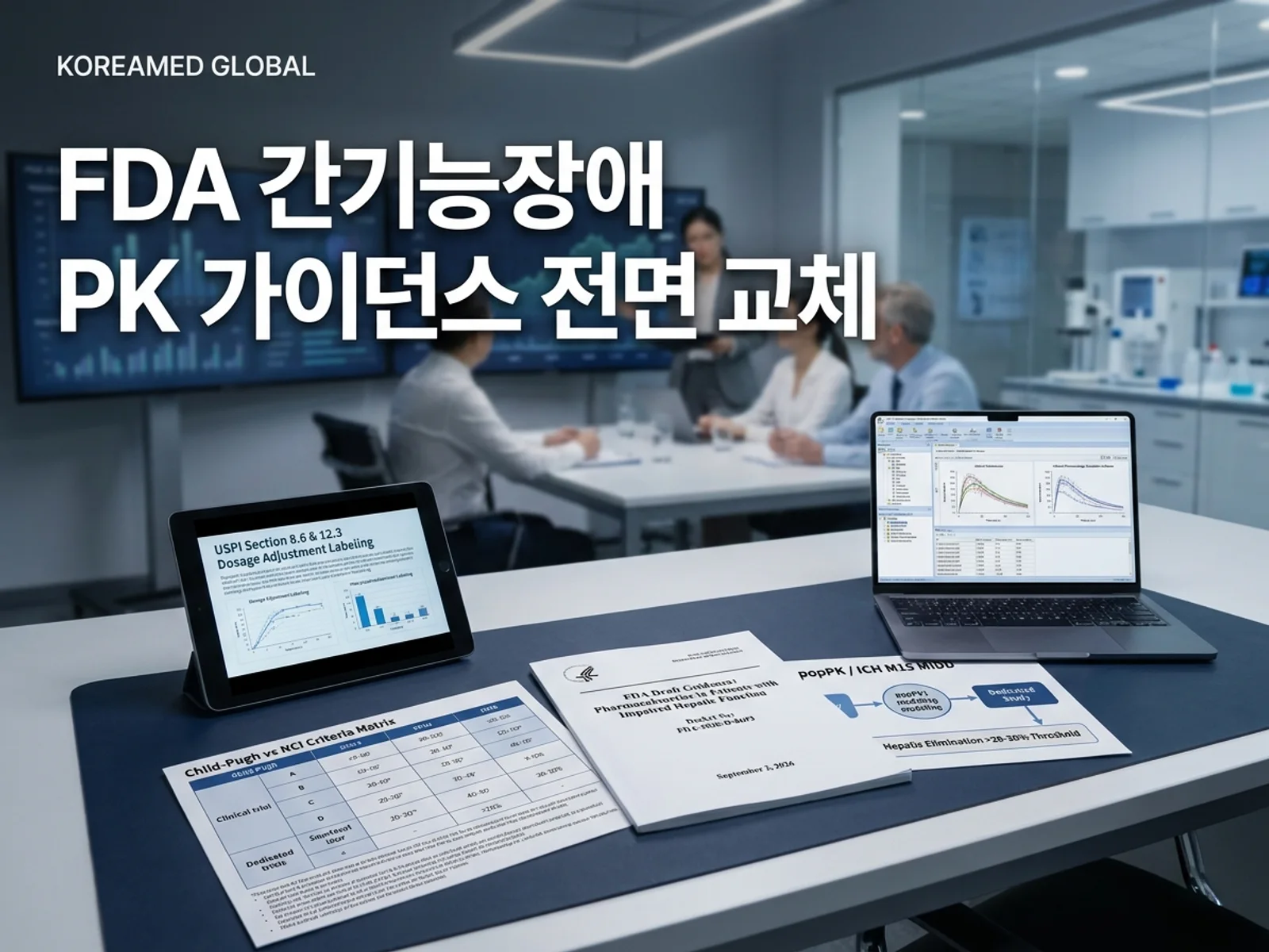 FDA 간기능장애 약동학 초안 가이던스(2026-09-02)의 Child-Pugh·NCI 분류 기준, popPK 전용시험 대체 요건, 간대사 30% 컷오프 및 라벨 용량조절 연결을 표현한 KoreaMED Global 썸네일