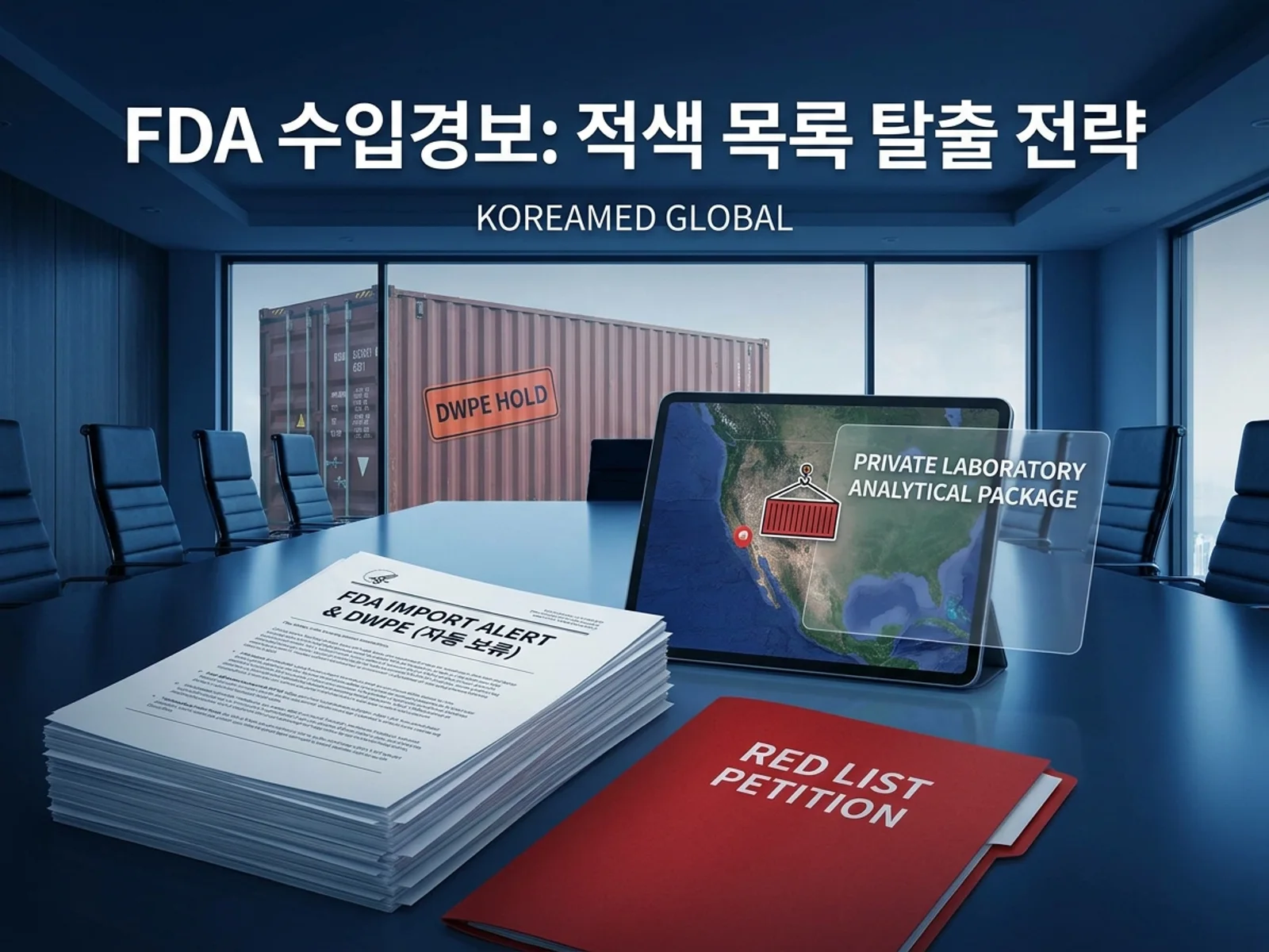 미국 세관 FDA 수입경보(Import Alert·DWPE) 적발과 Red List 해제 청원 실무를 표현한 KoreaMED Global 썸네일