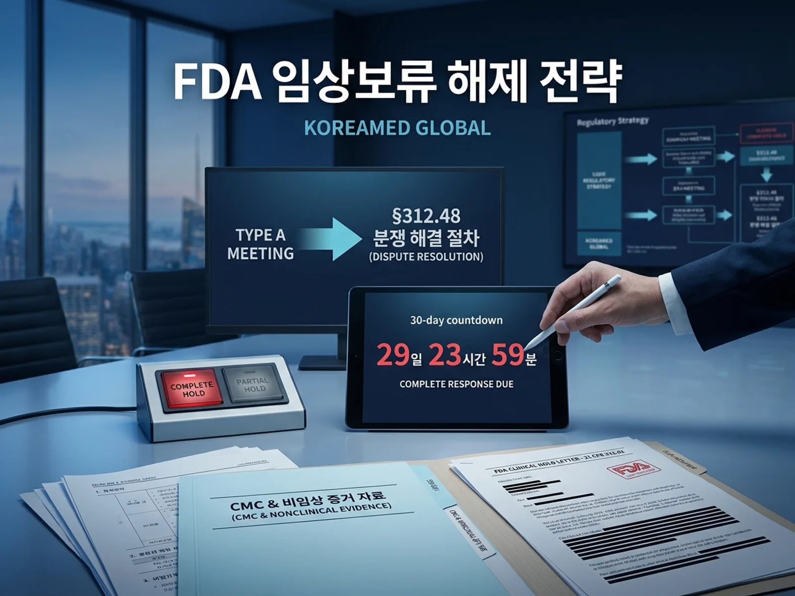 미국 FDA 21 CFR 312.42 임상보류(clinical hold)와 30역일 완전 응답(complete response) 대응 시계를 표현한 KoreaMED Global 썸네일