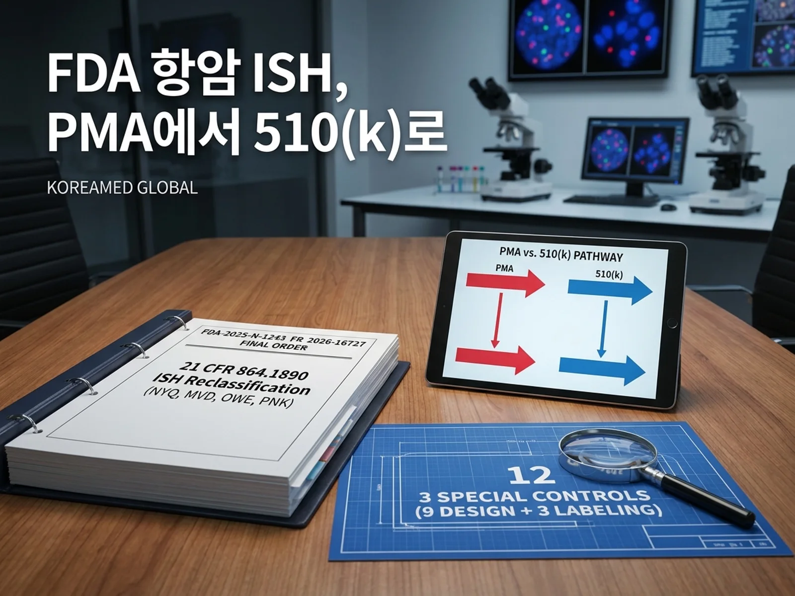 FDA 항암 동반진단 ISH 검사 최종 재분류(2026-08-17): Class III→II 510(k) 전환, 신설 21 CFR 864.1890 스페셜 컨트롤 12항, PMA 처리 및 첫 510(k) 전략을 표현한 KoreaMED Global 썸네일