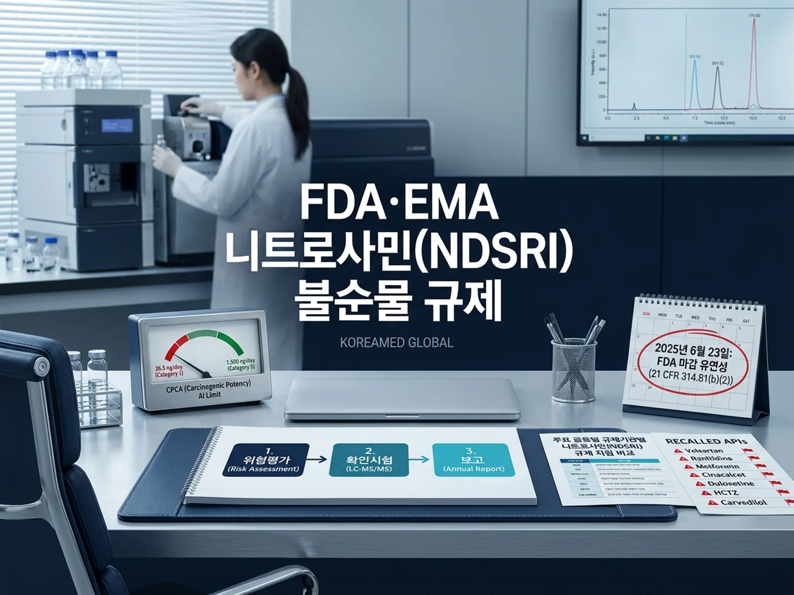 니트로사민·NDSRI 불순물 관리: CPCA 5단계 허용섭취량(26.5~1,500 ng/day)·위험평가→LC-MS/MS 확인시험→연례보고 3단계·FDA 2025.6.23 마감 완화(21 CFR 314.81(b)(2))·리콜 성분(발사르탄·둘록세틴·시나칼셋)을 표현한 KoreaMED Global 썸네일