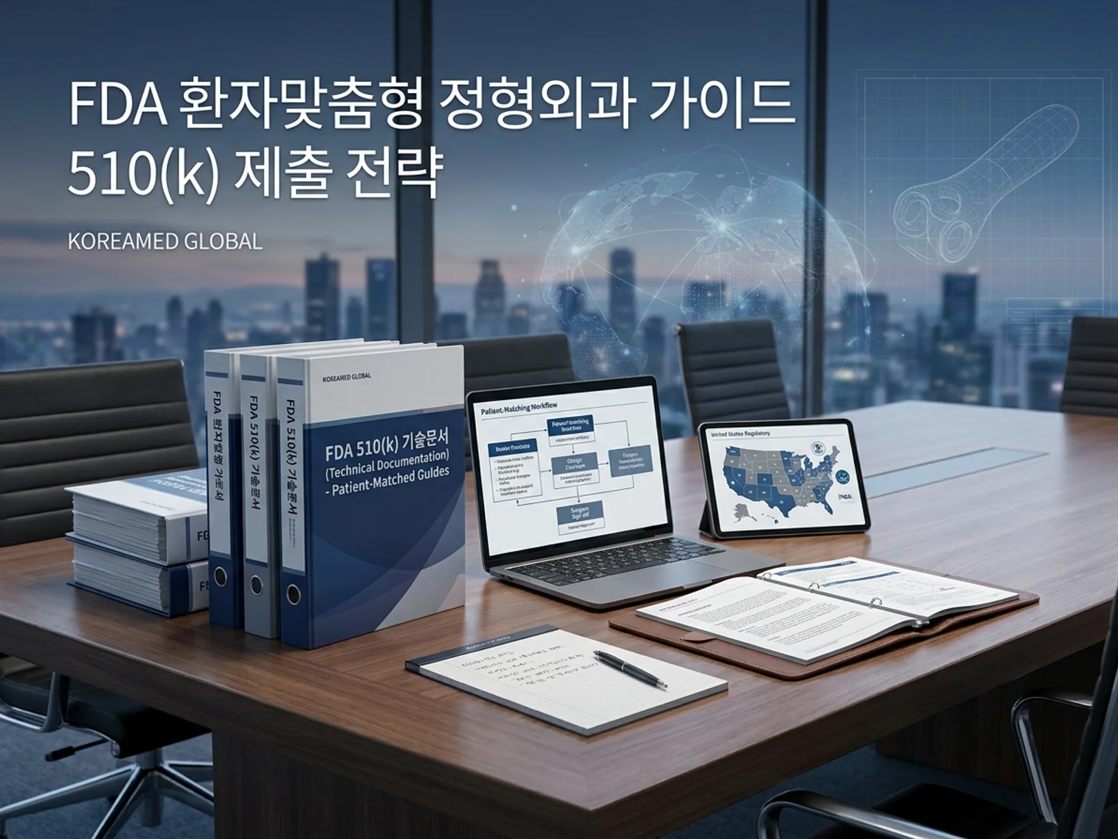 FDA 환자맞춤형 정형외과 절삭 및 드릴 가이드(Patient-Matched Guide) 510(k) 제출 패키지와 3D 프린팅 워크플로를 표현한 썸네일
