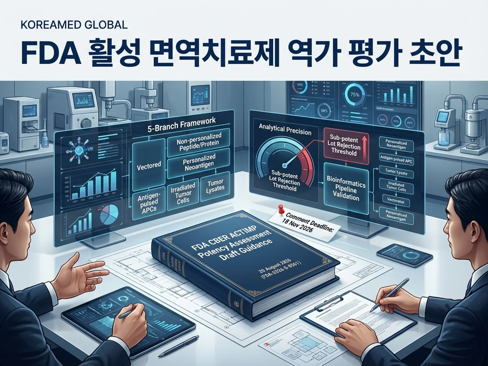 FDA CBER 활성 면역치료제(ACTIMP) 역가 평가 가이던스 초안(2026-08-20)의 5개 제품 유형별 역가보증전략과 CMC 시험 설계를 표현한 KoreaMED Global 썸네일