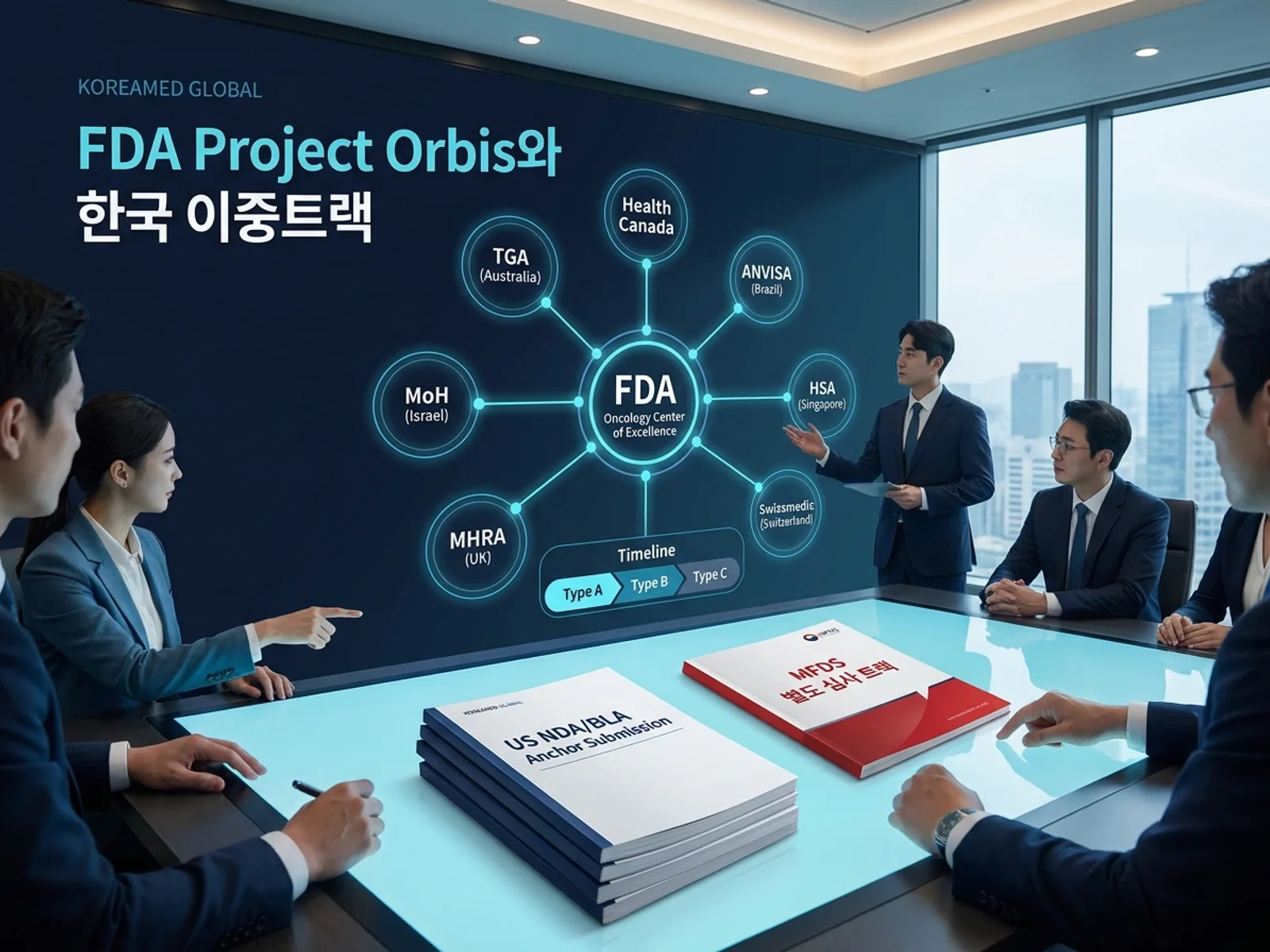 FDA Project Orbis 8개국 항암제 동시심사와 Type A/B/C, 미국 앵커·식약처 별도 심사 이중트랙을 표현한 KoreaMED Global 썸네일