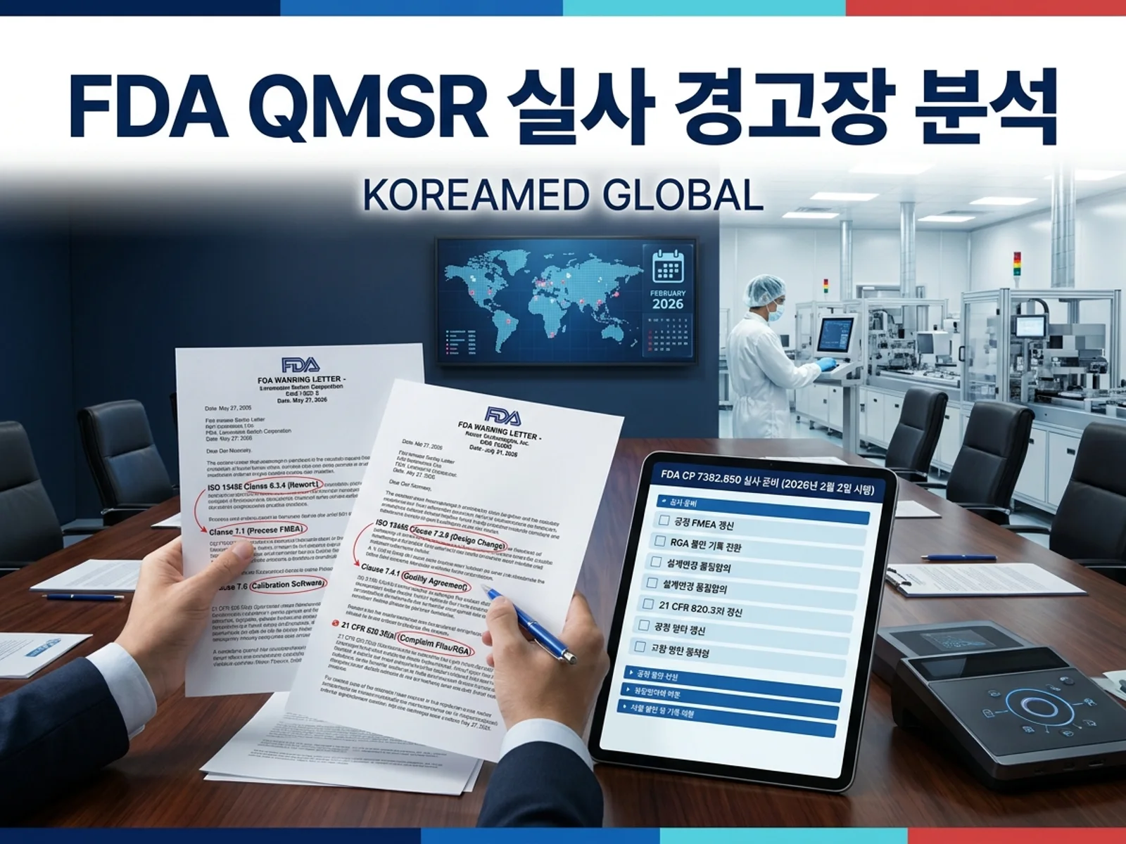 FDA QMSR 시행 직후 발송된 Linemaster(CMS 730215) 및 Koven(CMS 734643) 경고장의 ISO 13485 7.1 위험관리·재작업·820.35 불만기록 인용 조항을 표현한 KoreaMED Global 썸네일