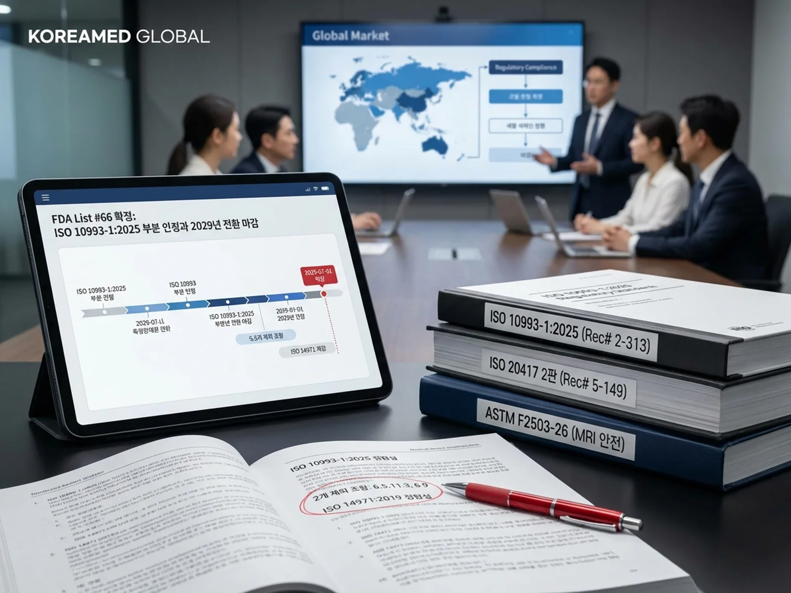FDA Recognition List #66의 ISO 10993-1:2025 부분 인정·2029-07-01 전환 마감과 ISO 10993-12·ISO 20417 2판 등 한국 의료기기 제출 대응을 표현한 KoreaMED Global 썸네일