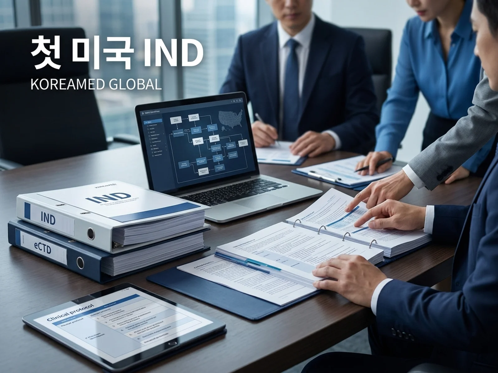 첫 미국 IND 제출 전략을 위한 규제 문서와 임상 개발 자료를 표현한 썸네일