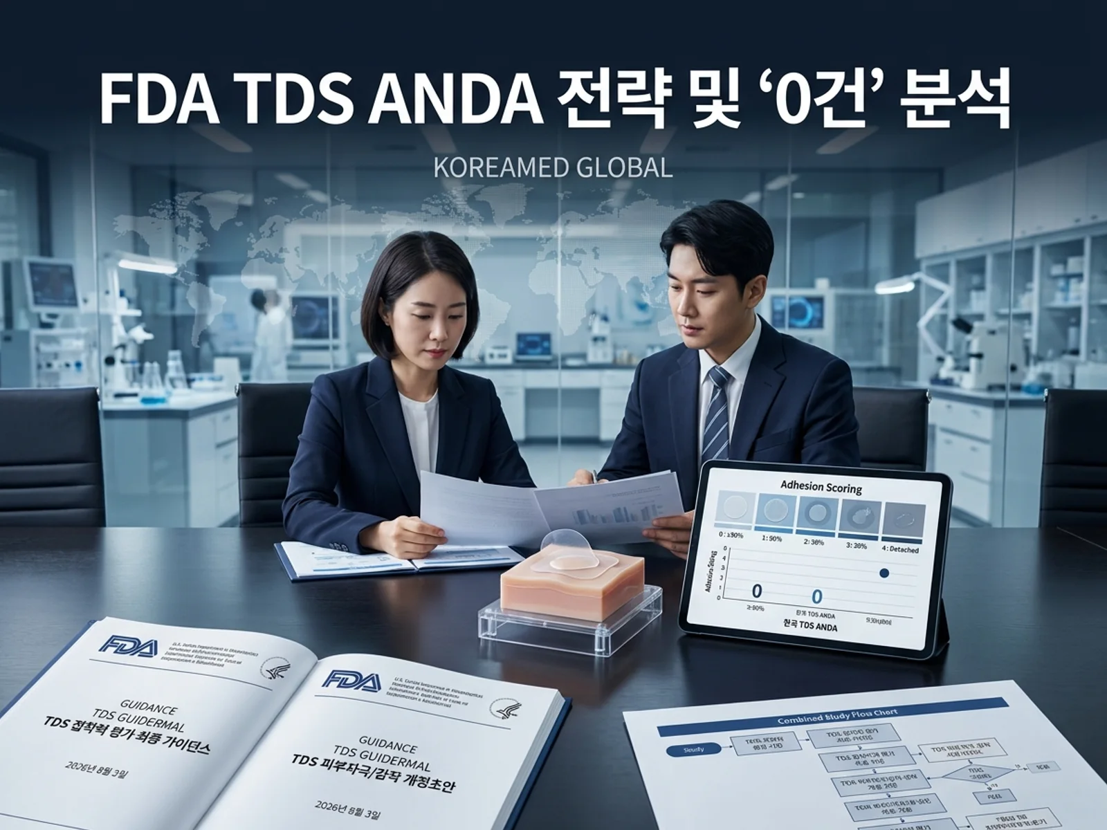 FDA 경피·국소 전달시스템(TDS) ANDA 접착력 최종 가이던스(2026-08-03, FR Doc 2026-15613)와 피부자극·감작 개정초안이 요구하는 패치 접착력 5단계 점수(0~4)·위약(vehicle)·양성대조·partial cut TDS 설계와 한국 패치·국소제 CMC·생물학적동등성 전략을 표현한 KoreaMED Global 썸네일