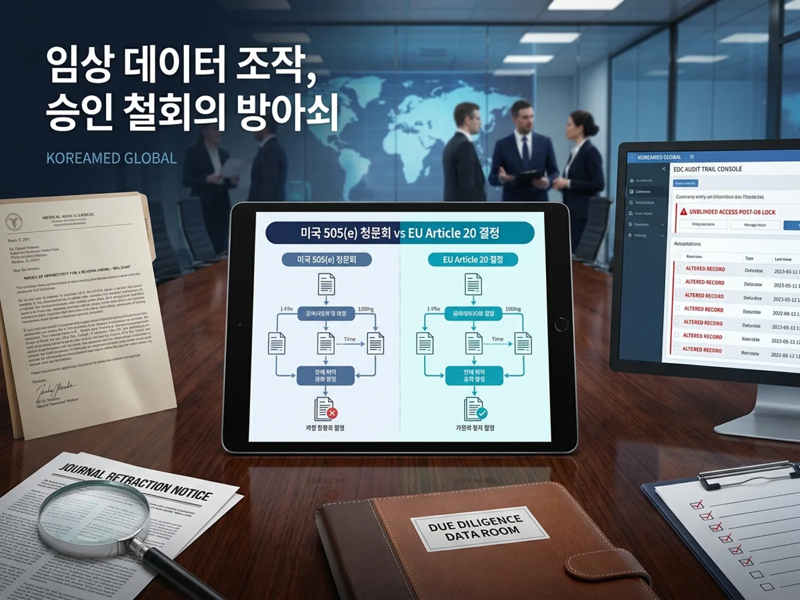 임상 데이터 무결성 위반(DB lock 후 맹검 자료 접근·기록 변경)과 FDA 허가 철회 절차(NOOH·505(e))·EU 취소 확정을 표현한 KoreaMED Global 썸네일