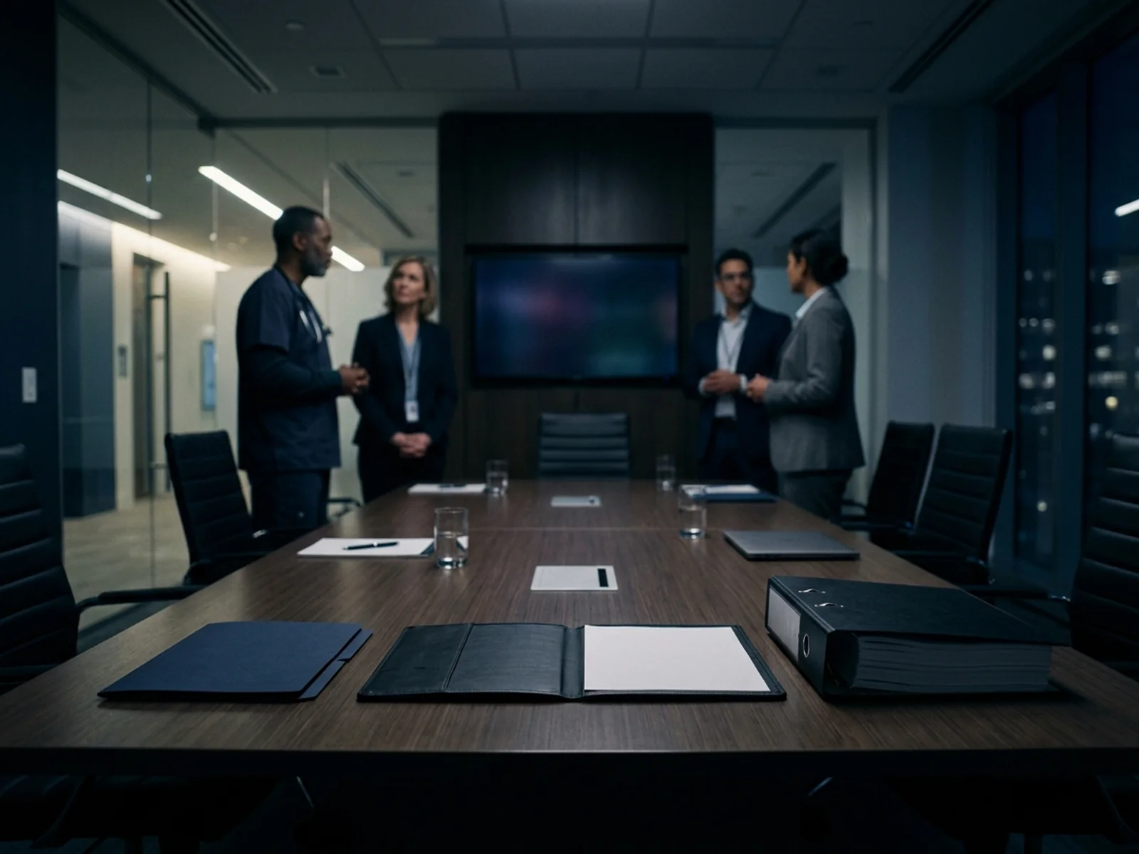 미국 병원 회의실 테이블 위에 놓인 얇은 허가 문서철과 두꺼운 구매 심사 바인더