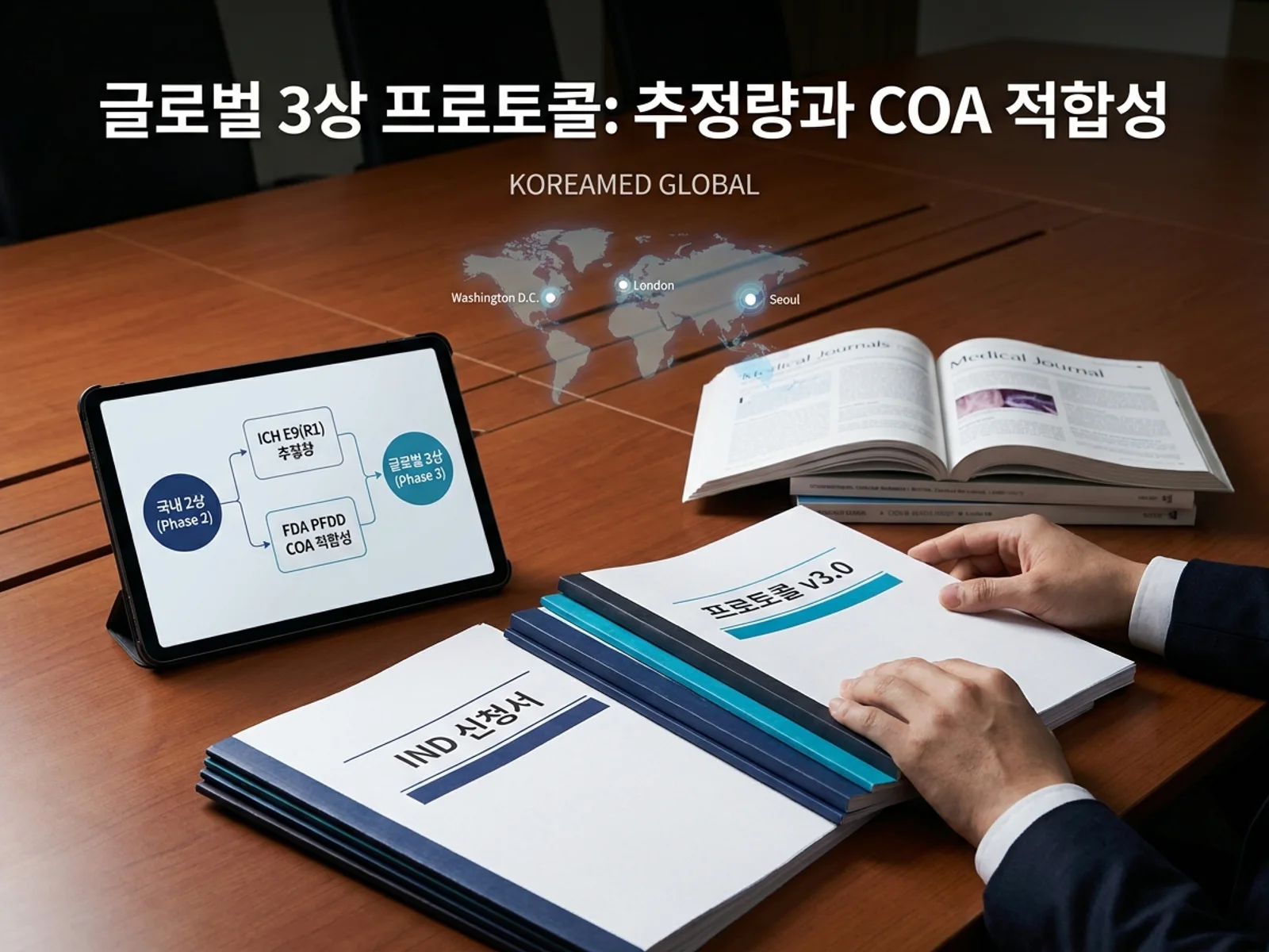 국내 2상에서 글로벌 3상으로 넘기는 프로토콜 책상 위에 ICH E9(R1) 추정량과 FDA PFDD COA 적합성 흐름이 표시된 태블릿