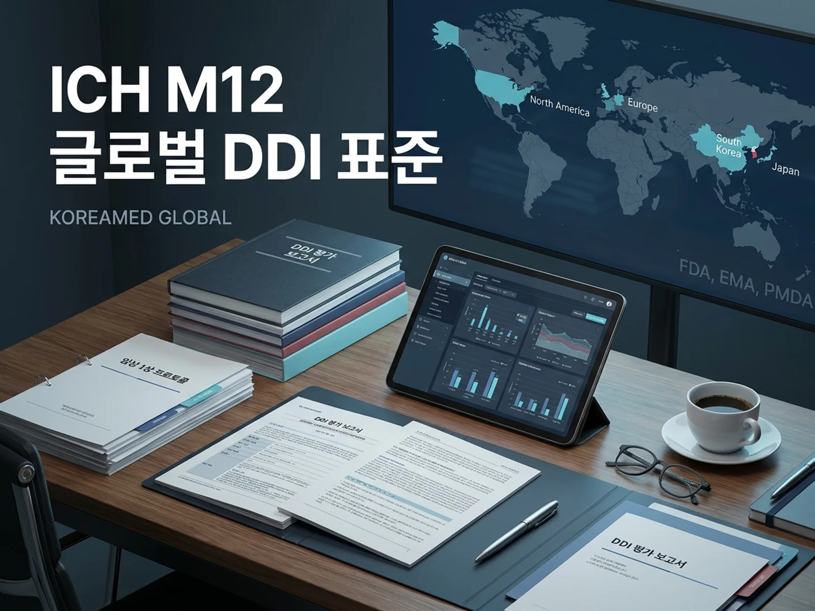 ICH M12 가이드라인 기반 글로벌 제출용 약물상호작용(DDI) 평가 패키지와 in vitro 및 임상 시험 구조를 표현한 썸네일