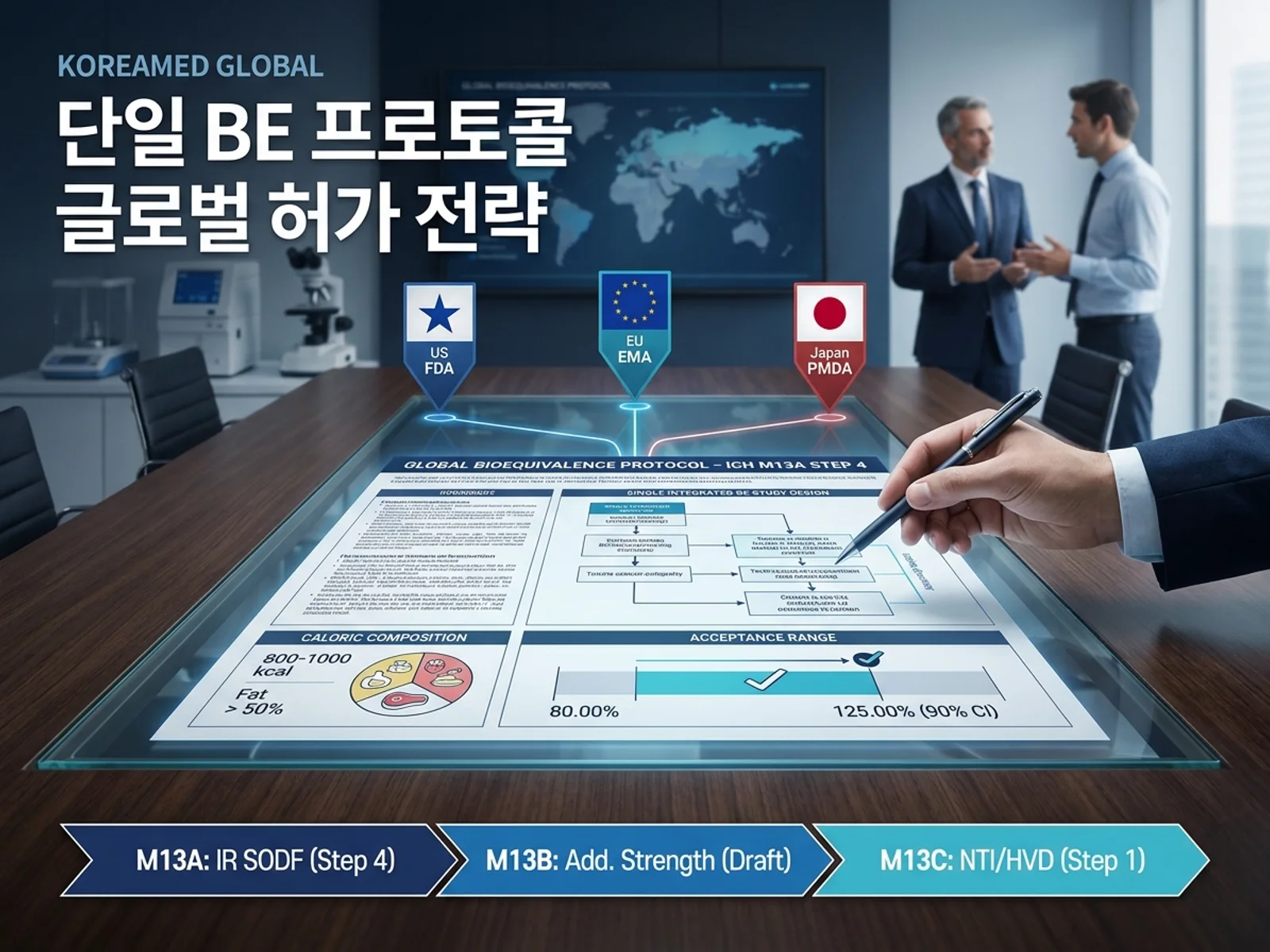 경구즉시방출고형제 생물학적동등성(BE) 단일 프로토콜 조화와 80~125% 동등성 기준, M13A·M13B·M13C 로드맵을 표현한 KoreaMED Global 썸네일