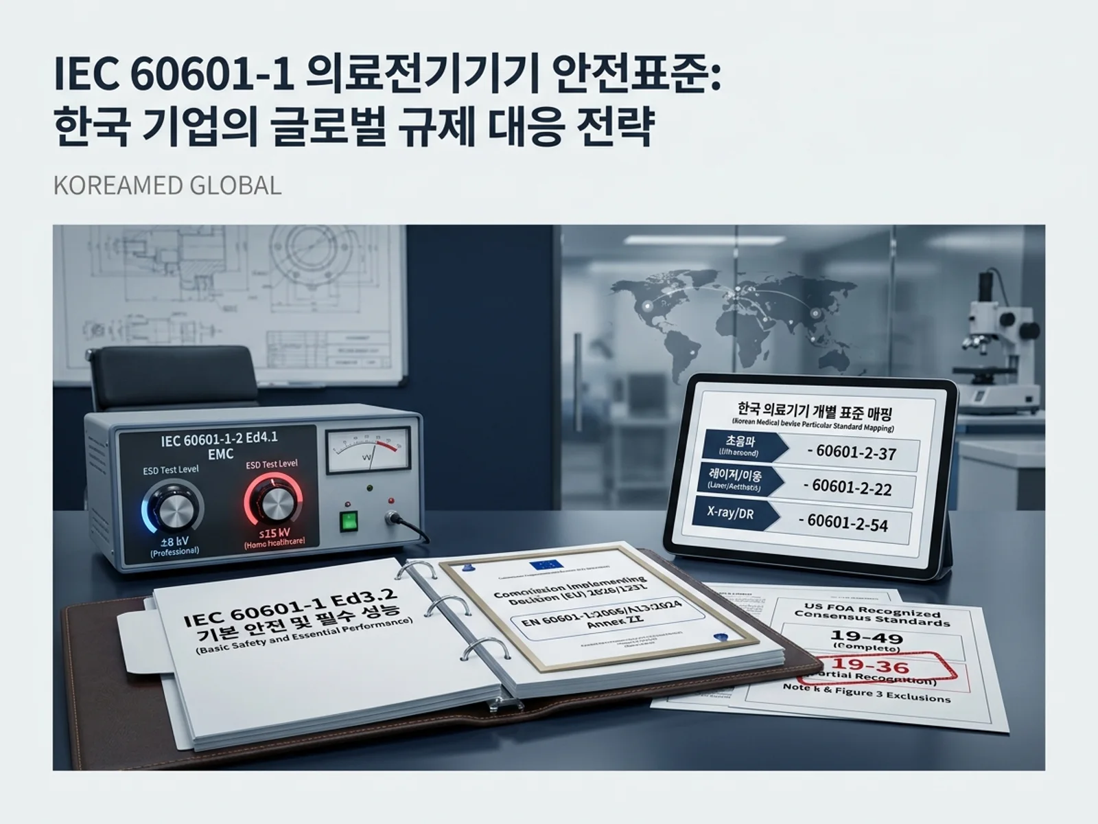 IEC 60601-1 의료전기기기 안전과 60601-1-2 EMC 4.1판, EU MDR 2026년 6월 조화 및 FDA 부분인정 함정을 다루는 KoreaMED Global 썸네일