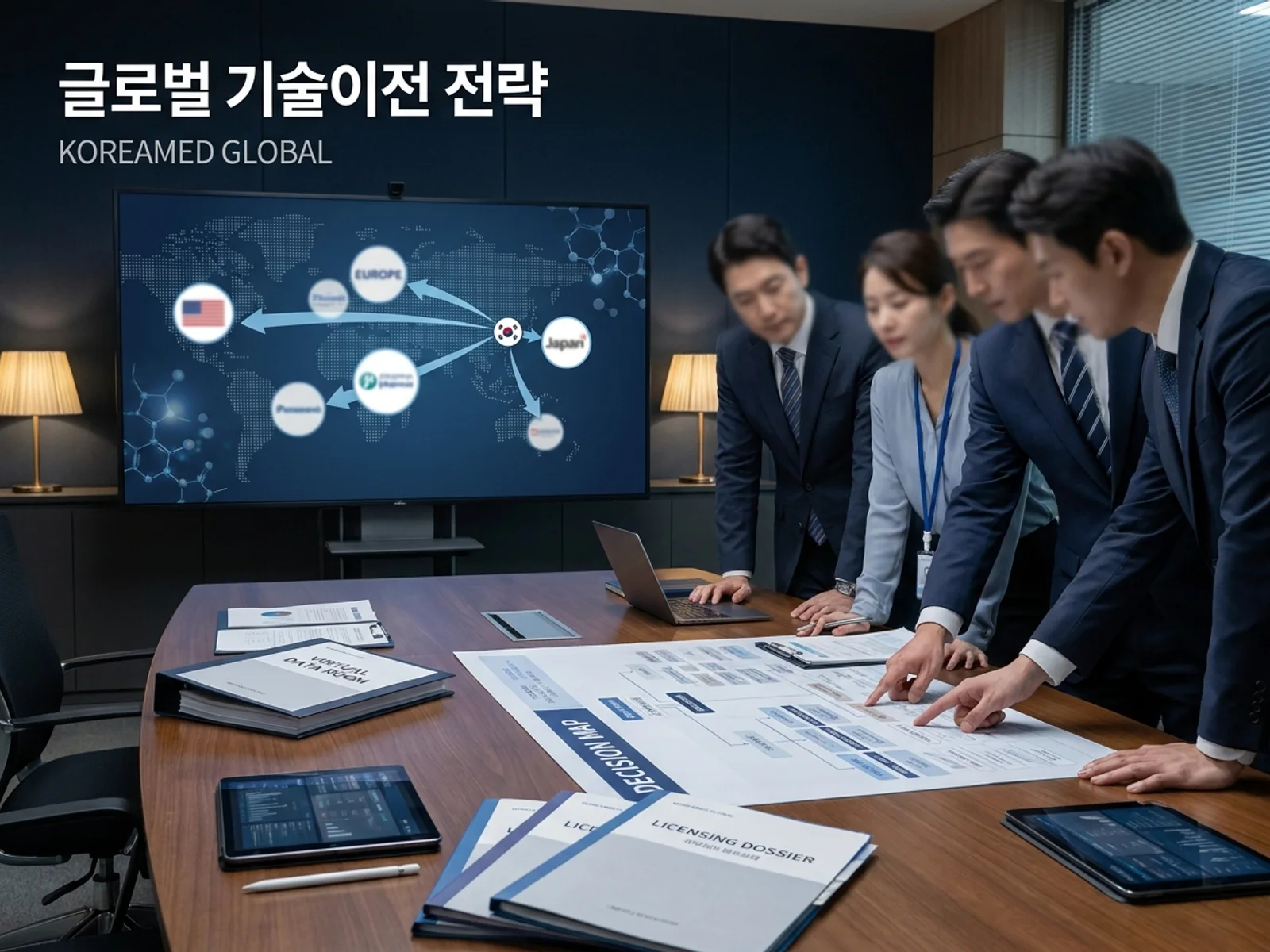 기술수출 데이터룸과 글로벌 파트너십 전략을 표현한 KoreaMED Global 썸네일