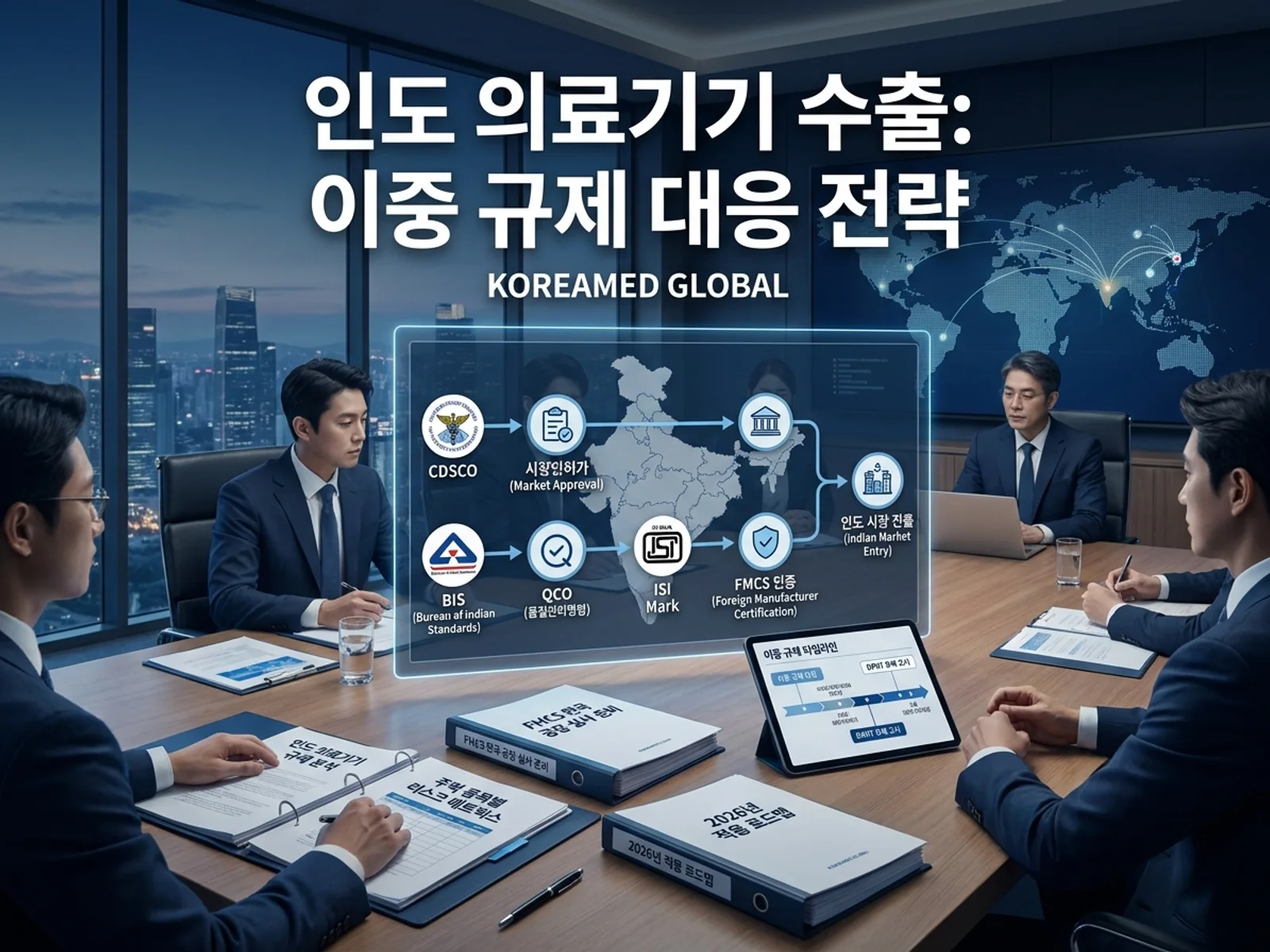 인도 의료기기 수출에서 CDSCO 수입허가(MD-14/15)와 BIS 품질관리명령(QCO)·FMCS 인증의 이중 규제 구조를 비교하는 KoreaMED Global 썸네일