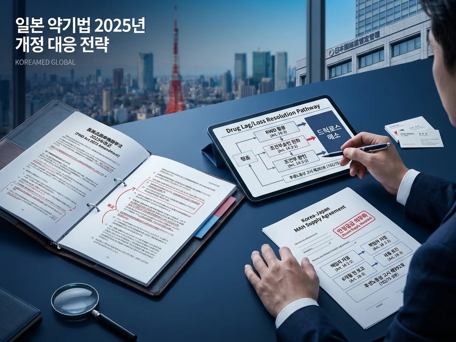 일본 약기법 2025년 개정 조문과 드럭로스 해소 및 안정공급 MAH 의무 구조를 표현한 KoreaMED Global 썸네일