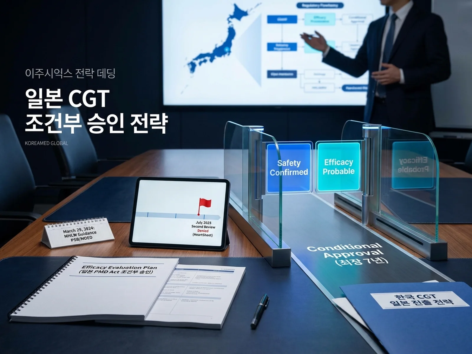일본 PMD Act 조건부·기간한정 승인(최장 7년), 2024년 가이던스, HeartSheet second review 거절 사례와 한국 CGT efficacy evaluation plan을 표현한 KoreaMED Global 썸네일