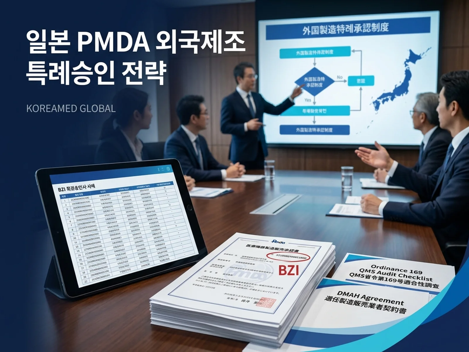 일본 PMDA 외국제조원 특례승인(BZI)과 DMAH 지정을 표현한 KoreaMED Global 썸네일